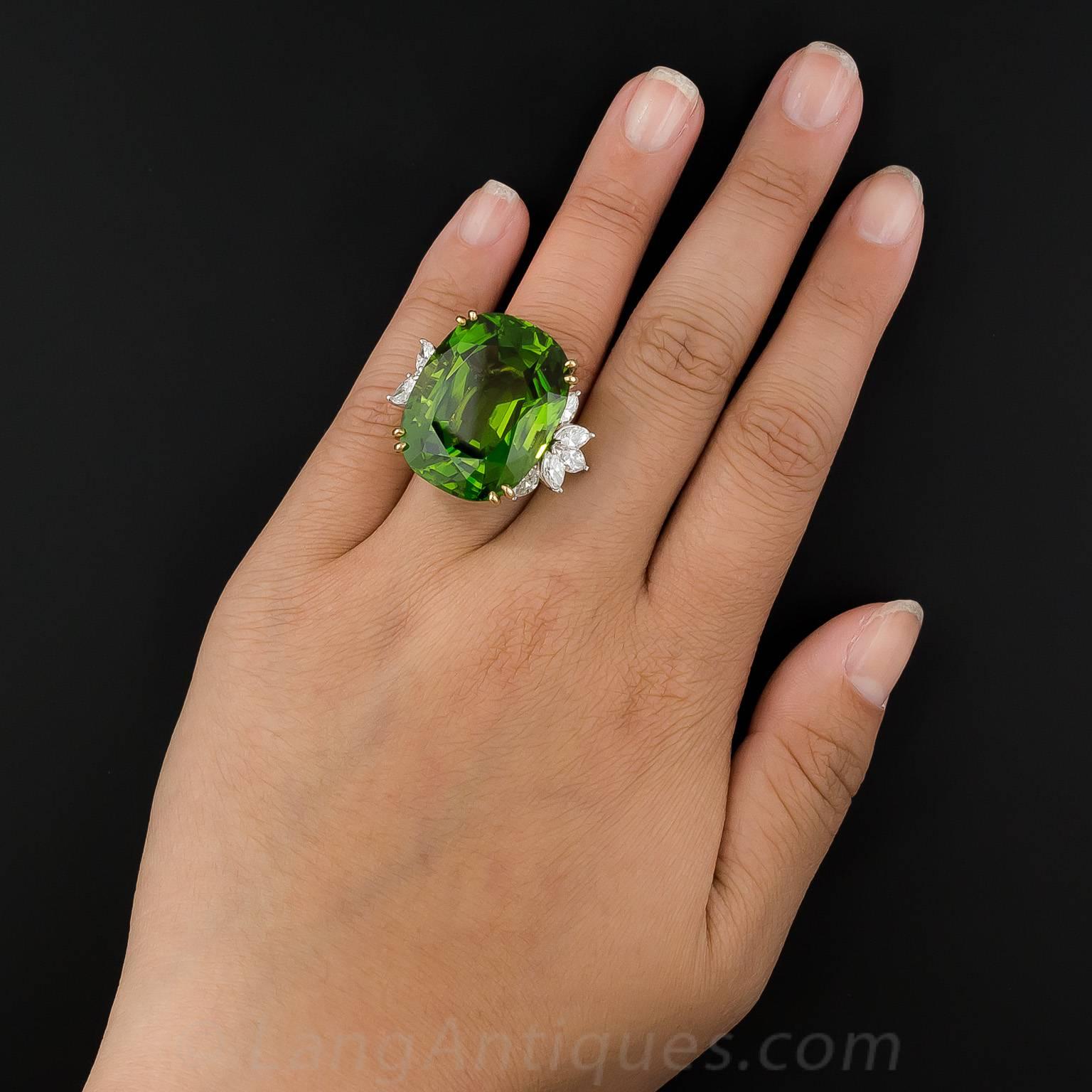 56 Carat Peridot Diamond Platinum Ring In Excellent Condition For Sale In San Francisco, CA