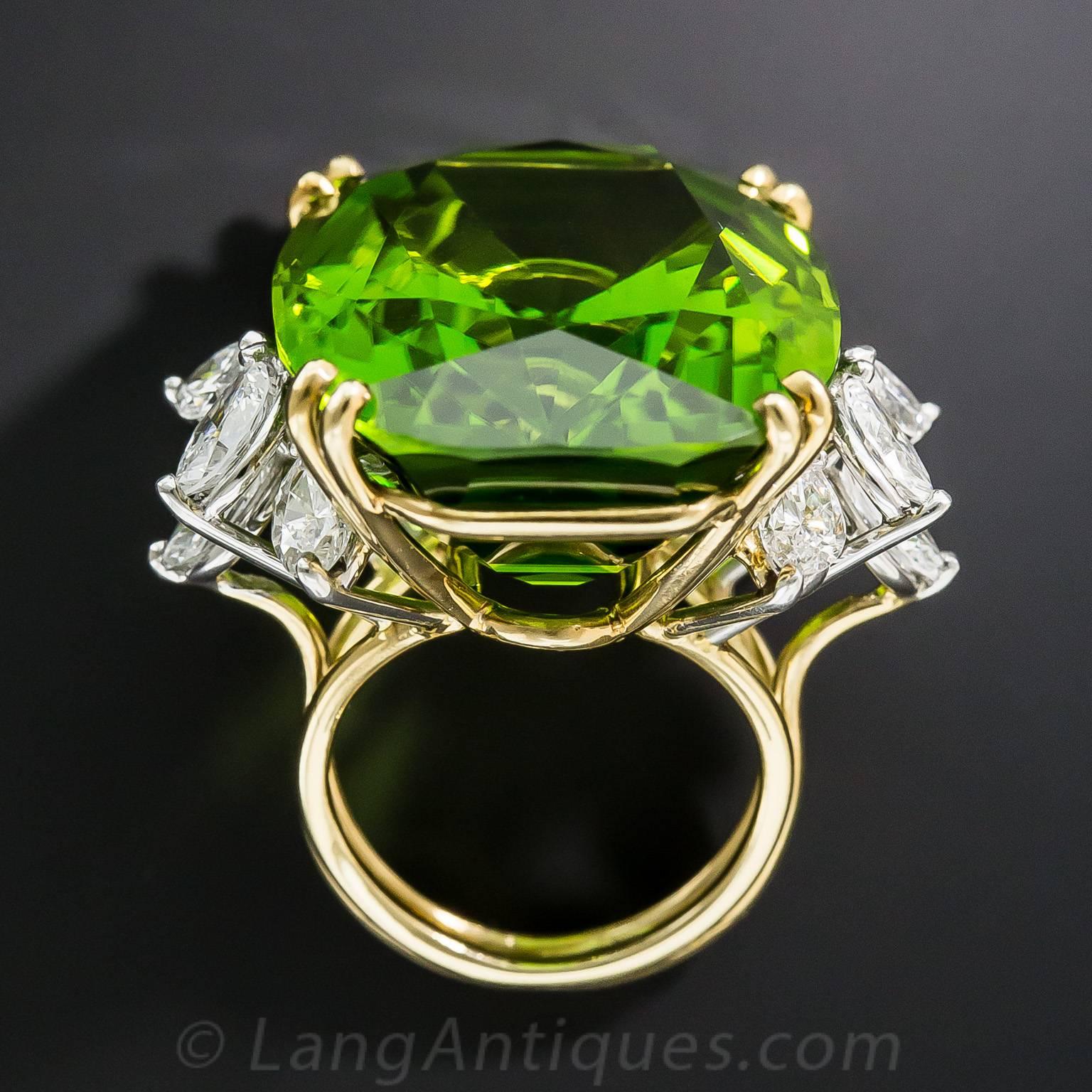 Marquise Cut 56 Carat Peridot Diamond Platinum Ring For Sale