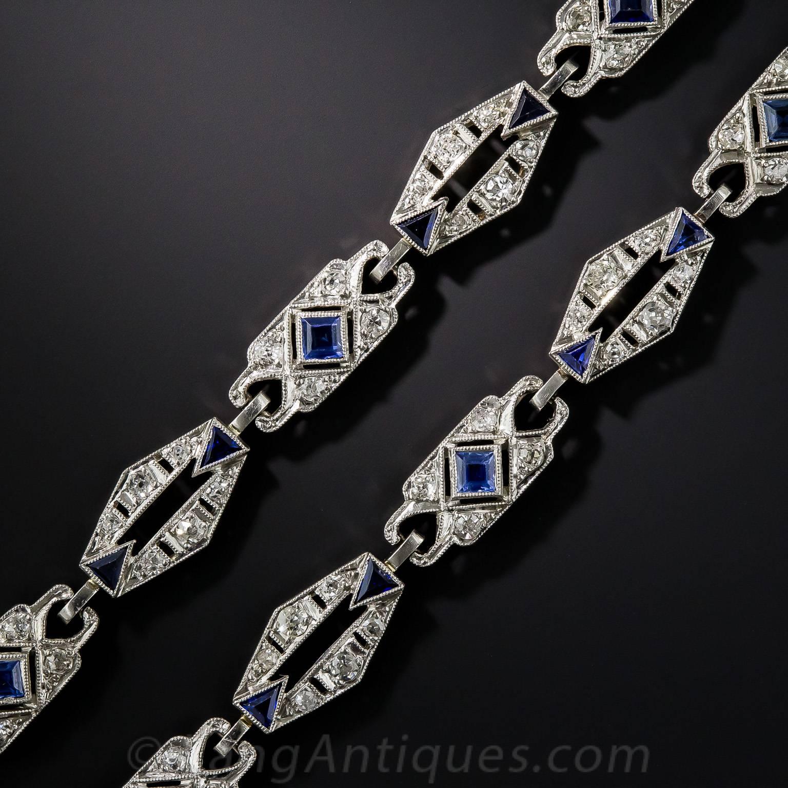 Stunning and versatile, three-in-one, original Art Deco jewels, dating back to the roaring, wild and stylish 1920s, may be worn together as a 15-inch-long choker necklace or separately as bracelets. The characteristic geometric platinum links