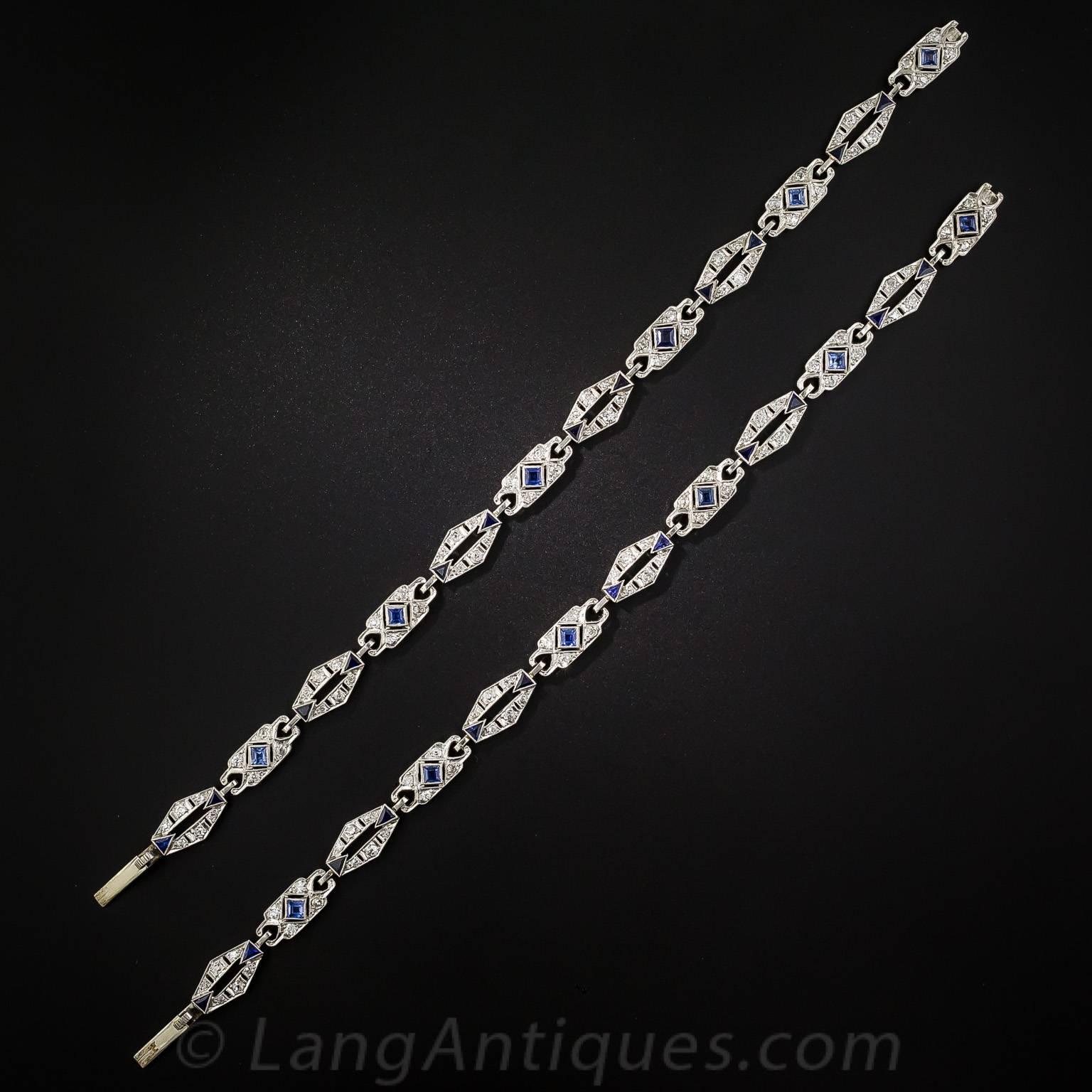 Art Deco Sapphire Diamond Platinum Convertible Bracelets Necklace In Good Condition For Sale In San Francisco, CA