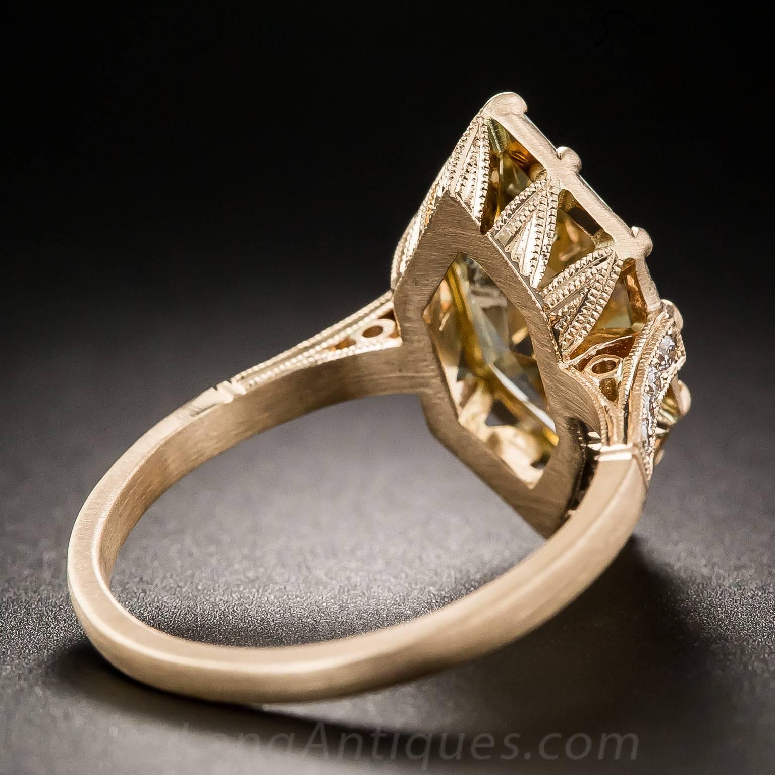 Art Deco GIA Report 3.43 Carat Natural Brown Hexagonal Diamond Ring For Sale