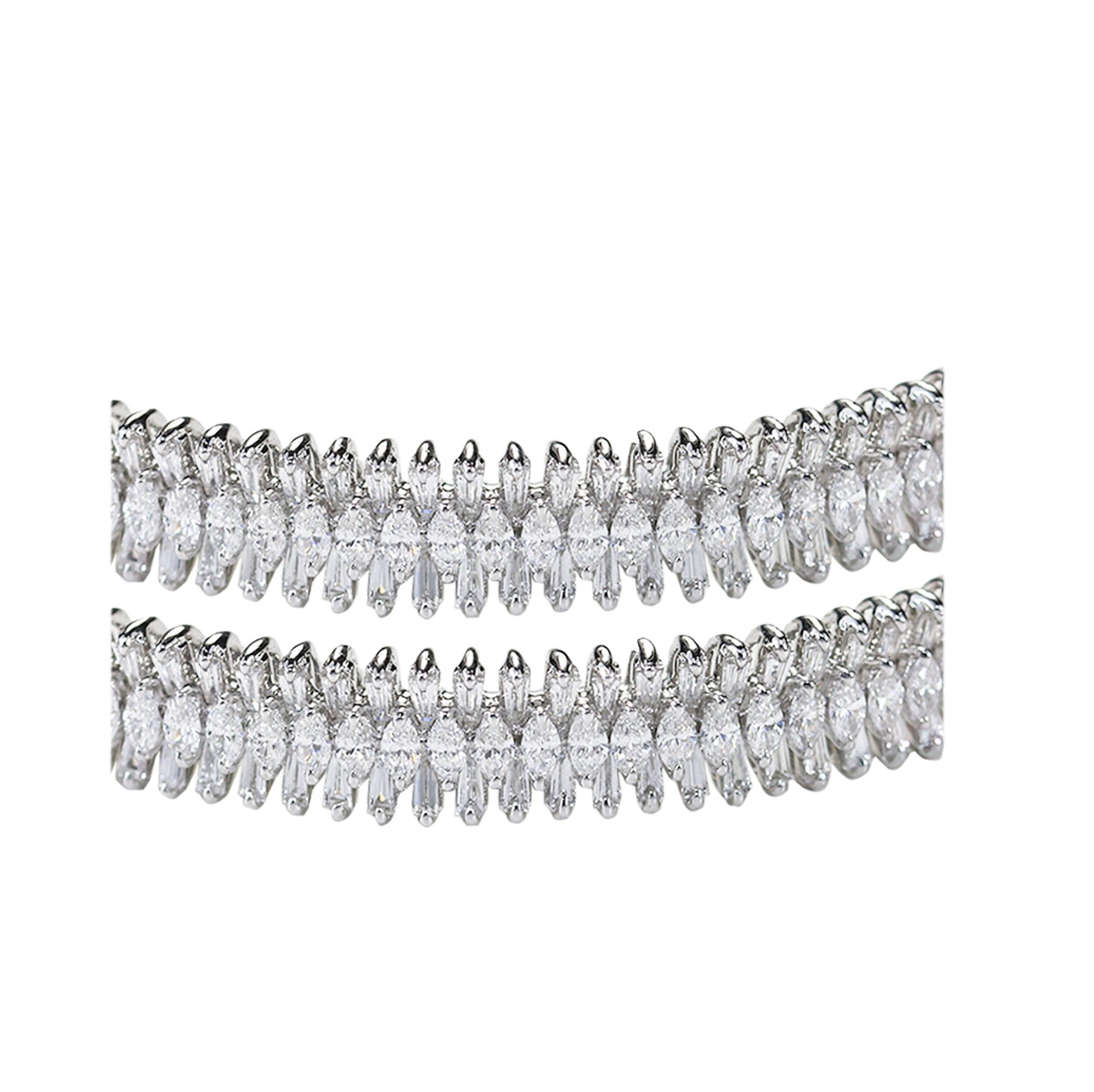 Art Deco Studio Rêves Baguette and Marquise Diamonds Bangles in 18 Karat White Gold For Sale