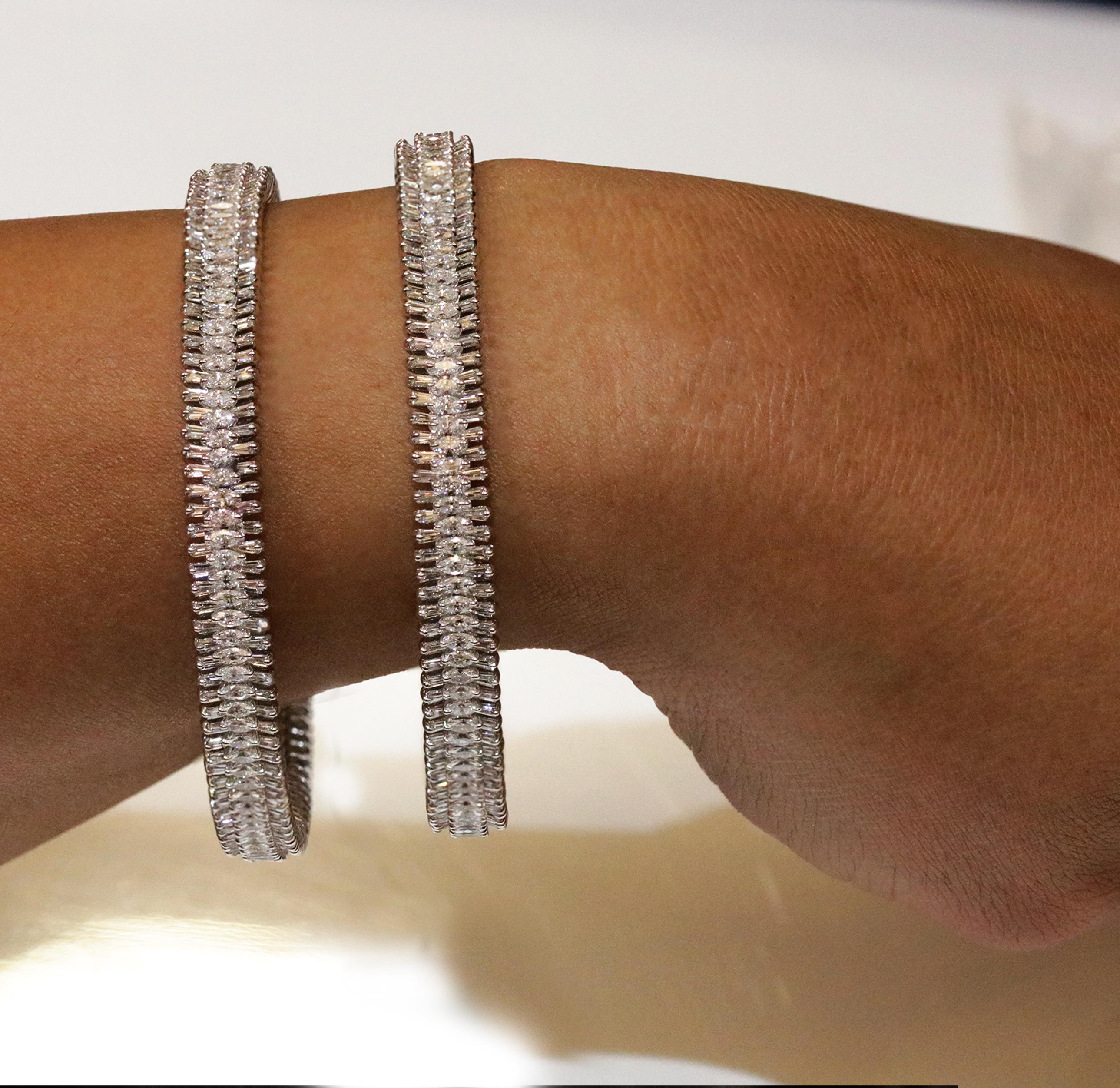 Studio Rêves Baguette and Marquise Diamonds Bangles in 18 Karat White Gold For Sale 2