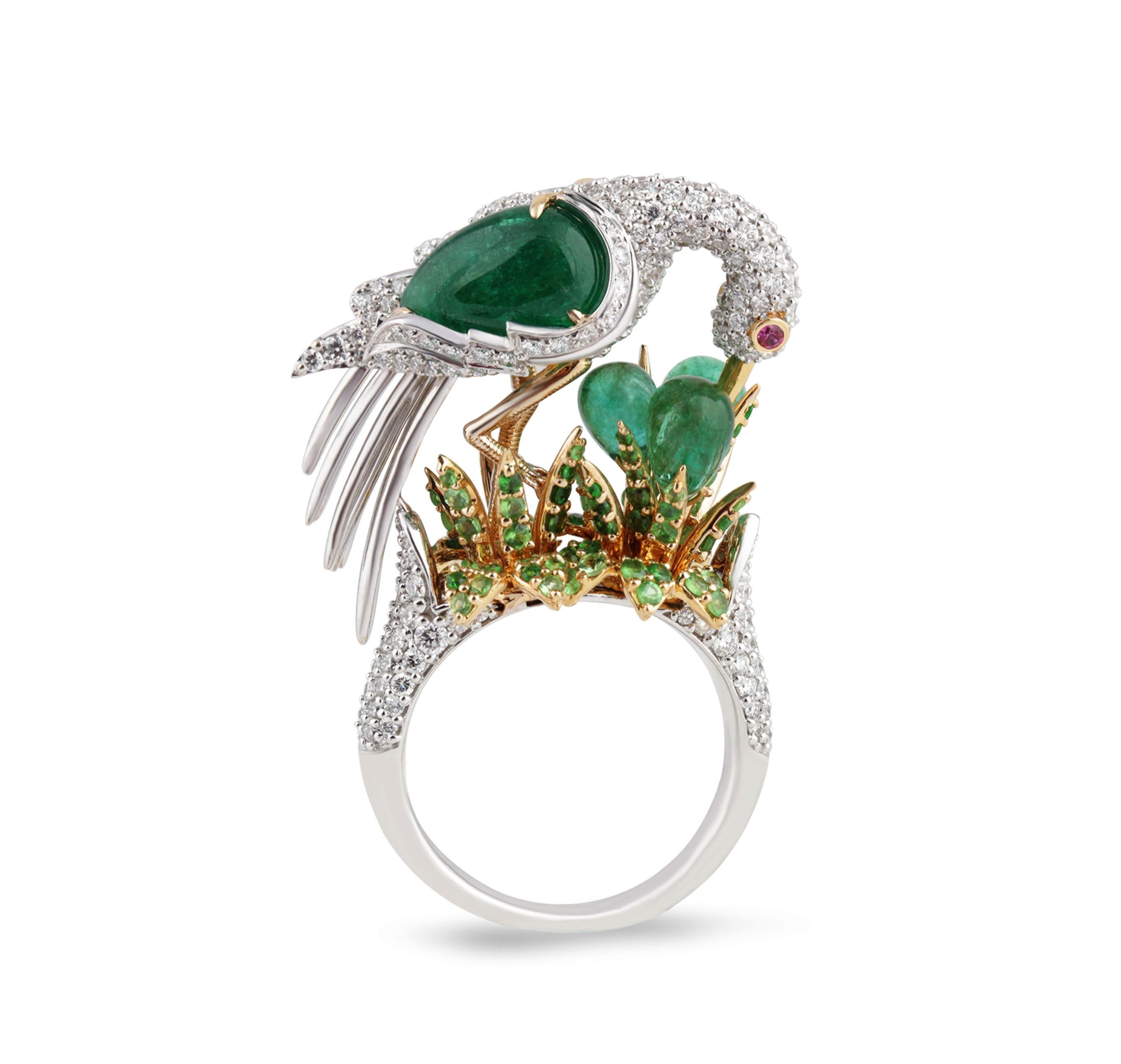 Diamonds, Emeralds, Tsavorites and Pink Sapphire Cocktail Ring

This cocktail ring is all you need to spread your wings as a bonafide style maven, thanks to its decadent crane centerpiece. Handcrafted an 18K white gold base and a bed of handpicked