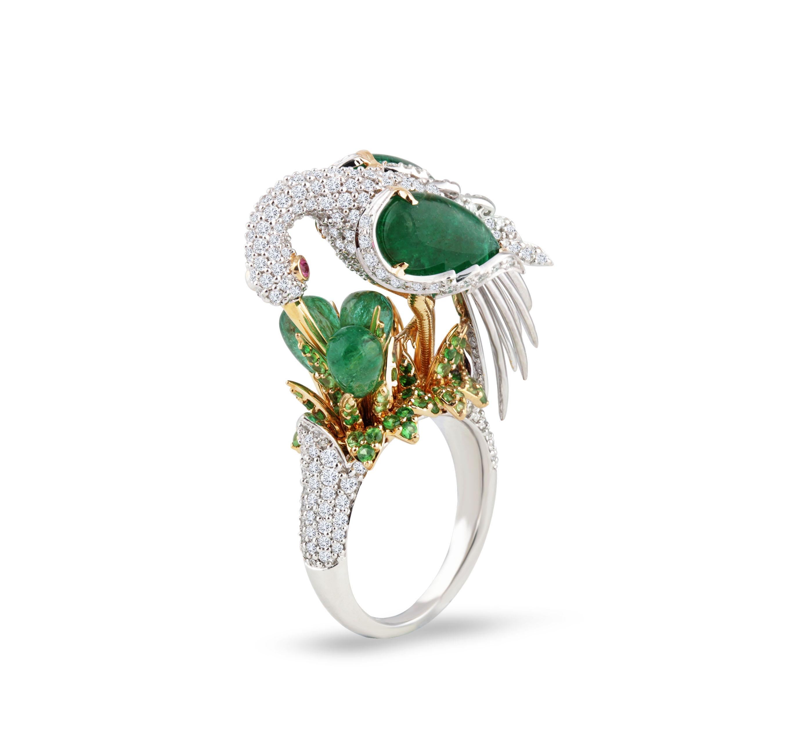 Victorian Studio Rêves Crane Ring in 18K Gold and Diamonds with Emeralds and Tsavorites