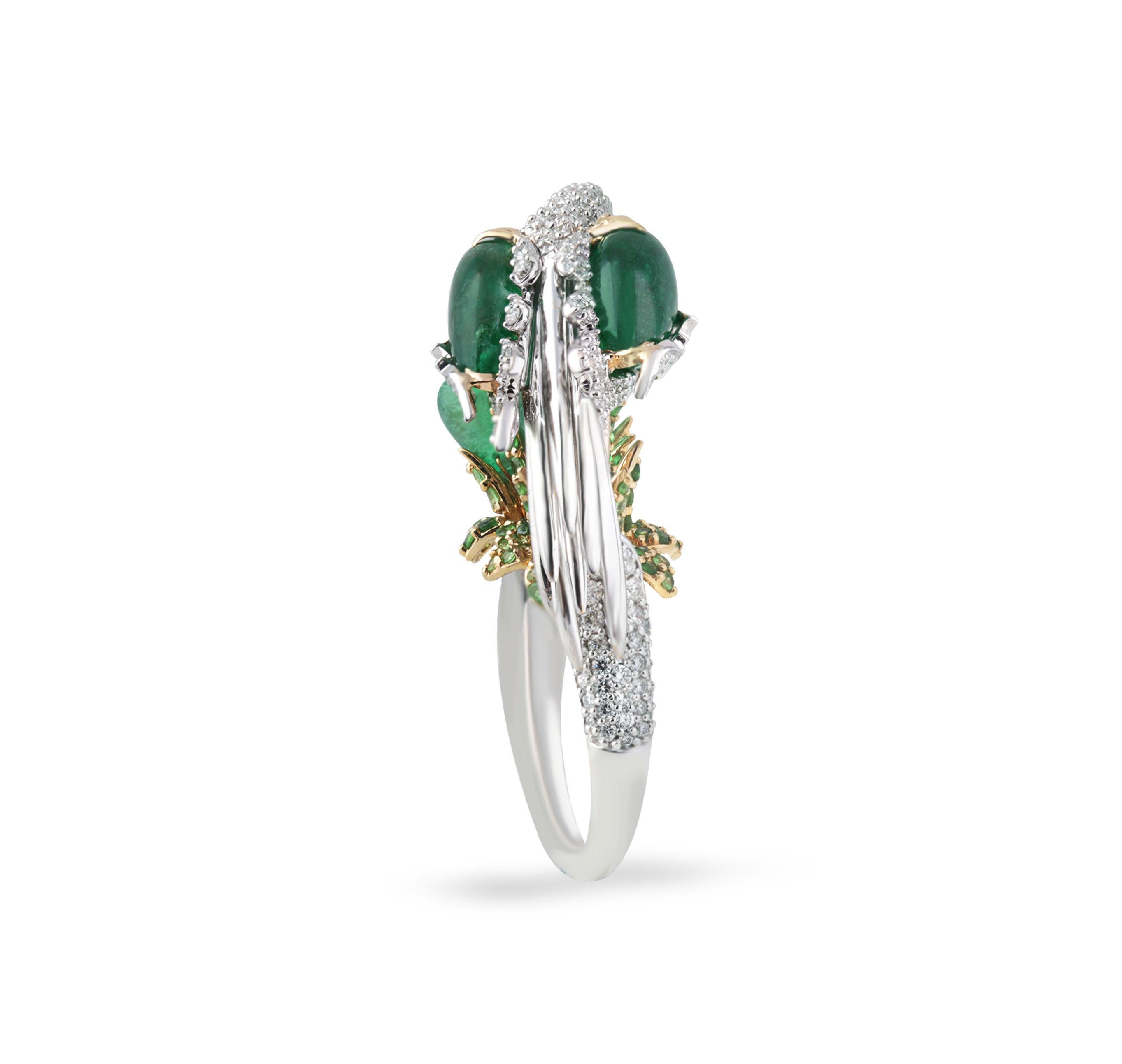 Pear Cut Studio Rêves Crane Ring in 18K Gold and Diamonds with Emeralds and Tsavorites