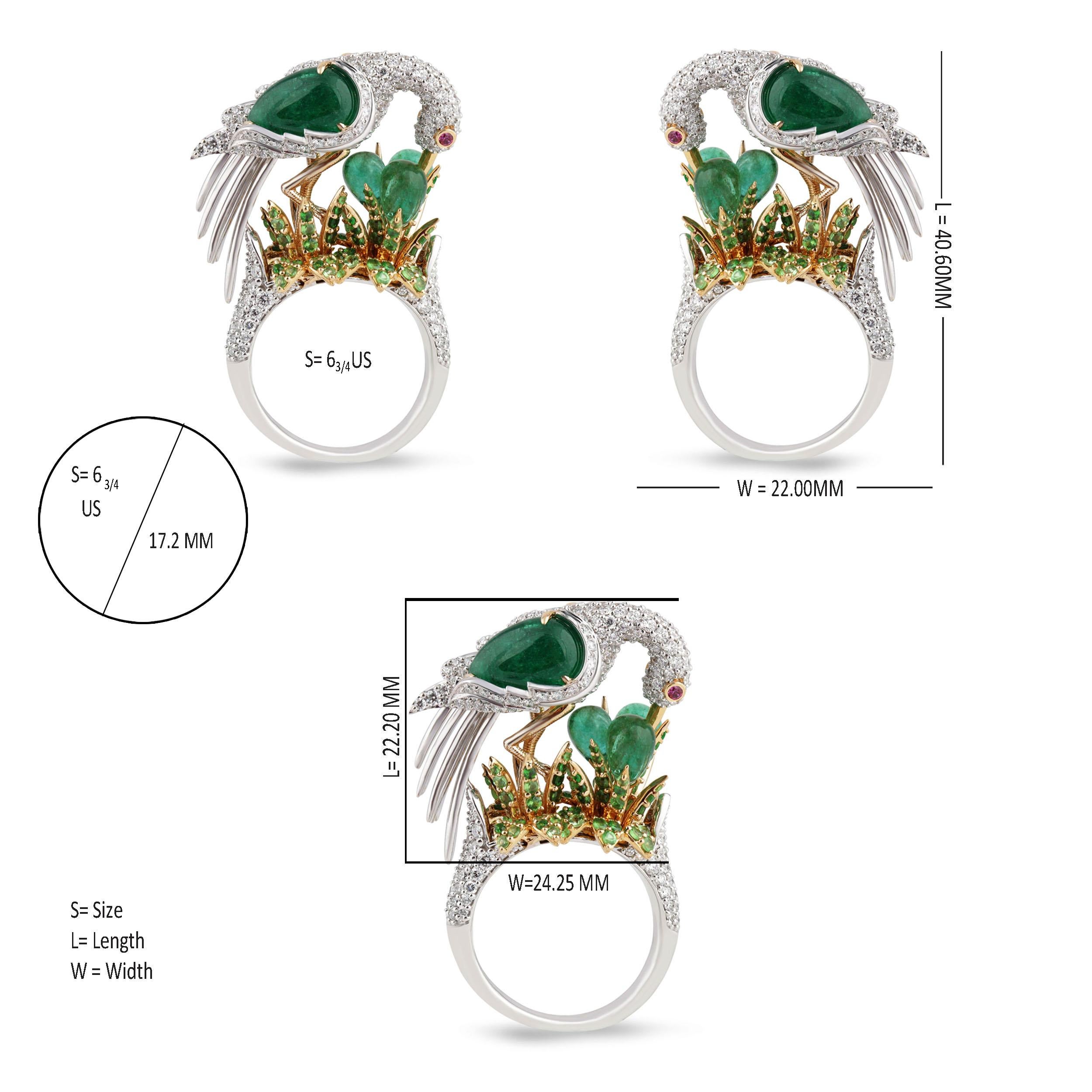 Studio Rêves Crane Ring in 18K Gold and Diamonds with Emeralds and Tsavorites 1