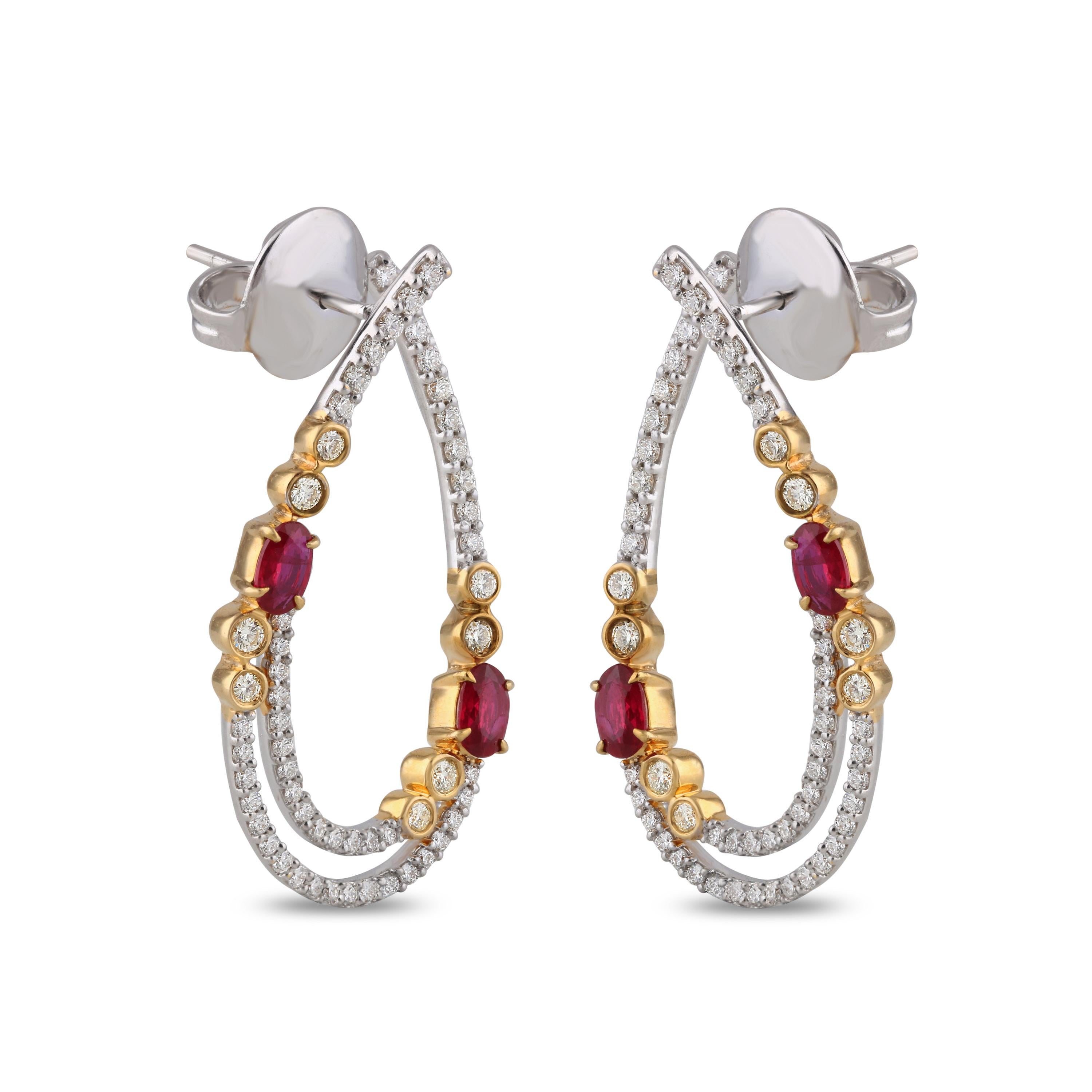 Modern Diamonds and Ruby Hoop Earrings in 18K Gold For Sale