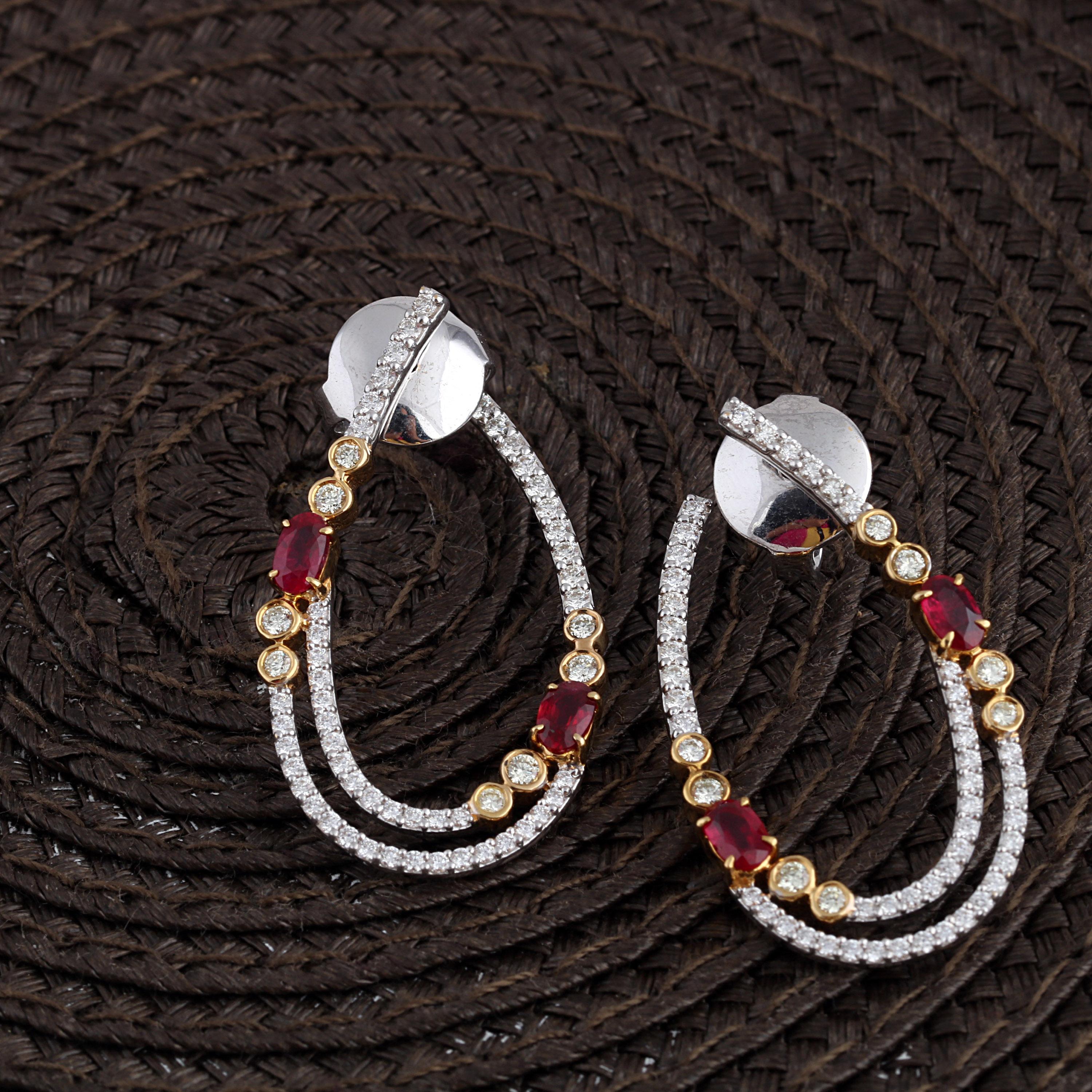 Women's Diamonds and Ruby Hoop Earrings in 18K Gold For Sale
