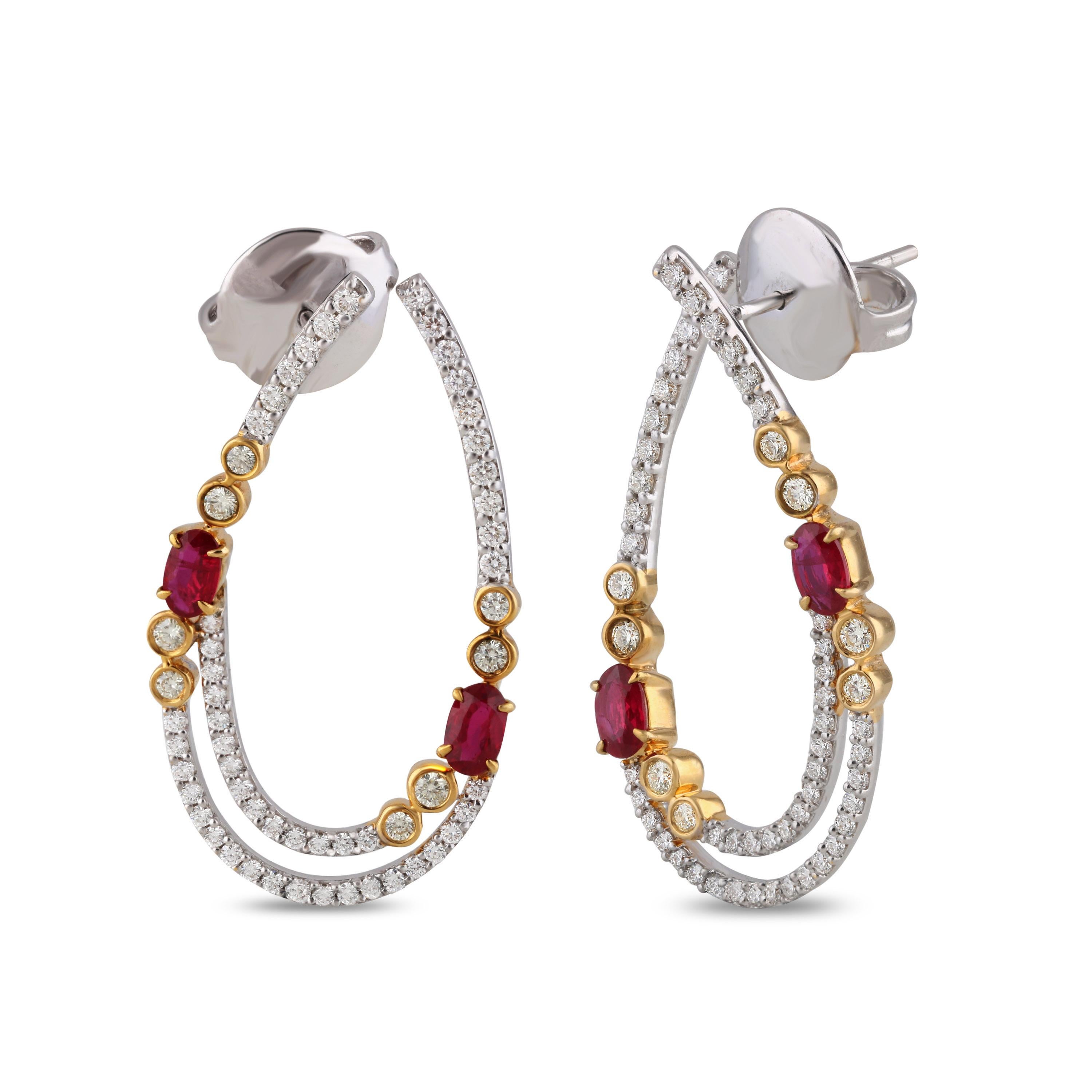 Diamonds and Ruby Hoop Earrings in 18K Gold For Sale