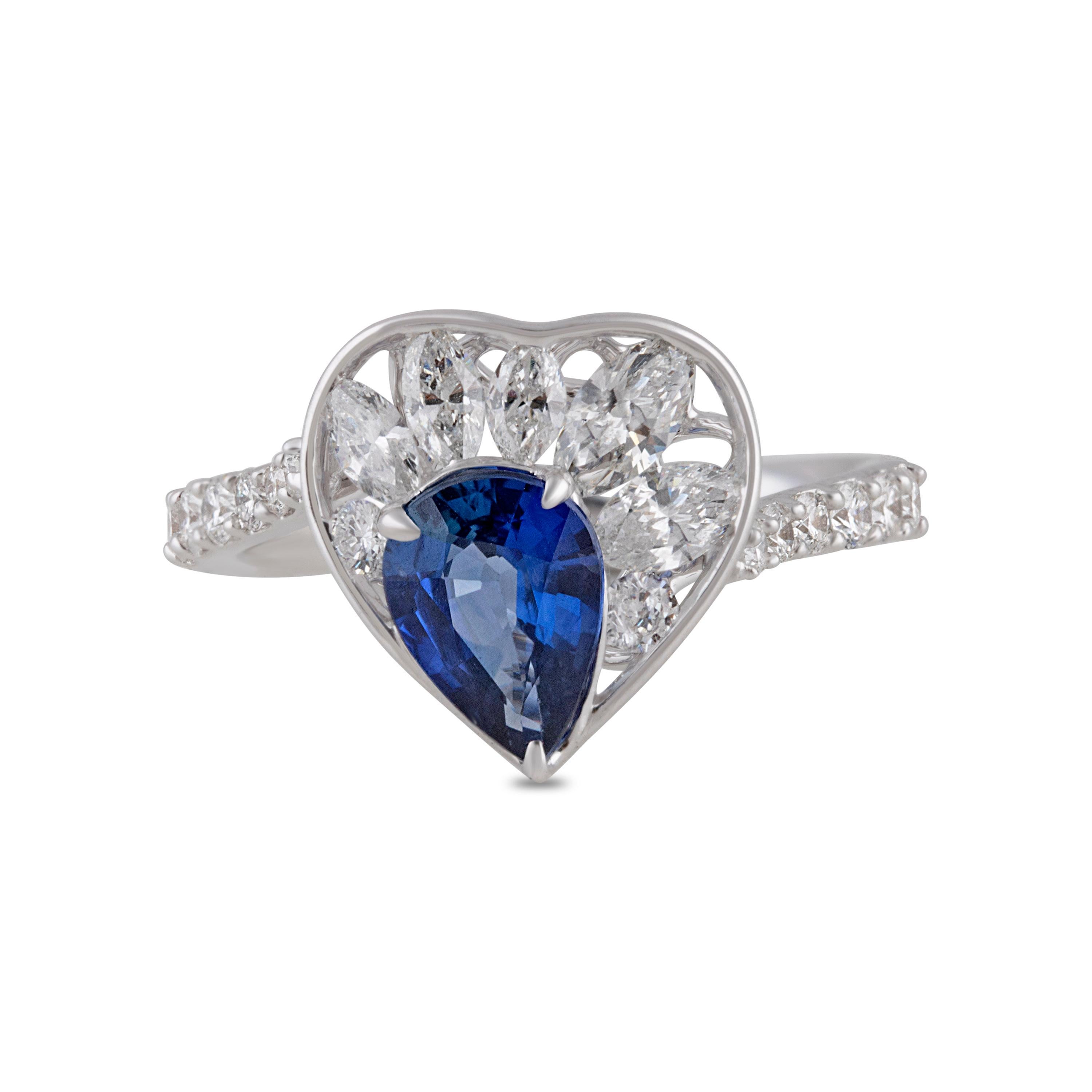Marquise Cut Studio Rêves Diamond and Blue Sapphire Love Ring in 18 Karat White Gold For Sale
