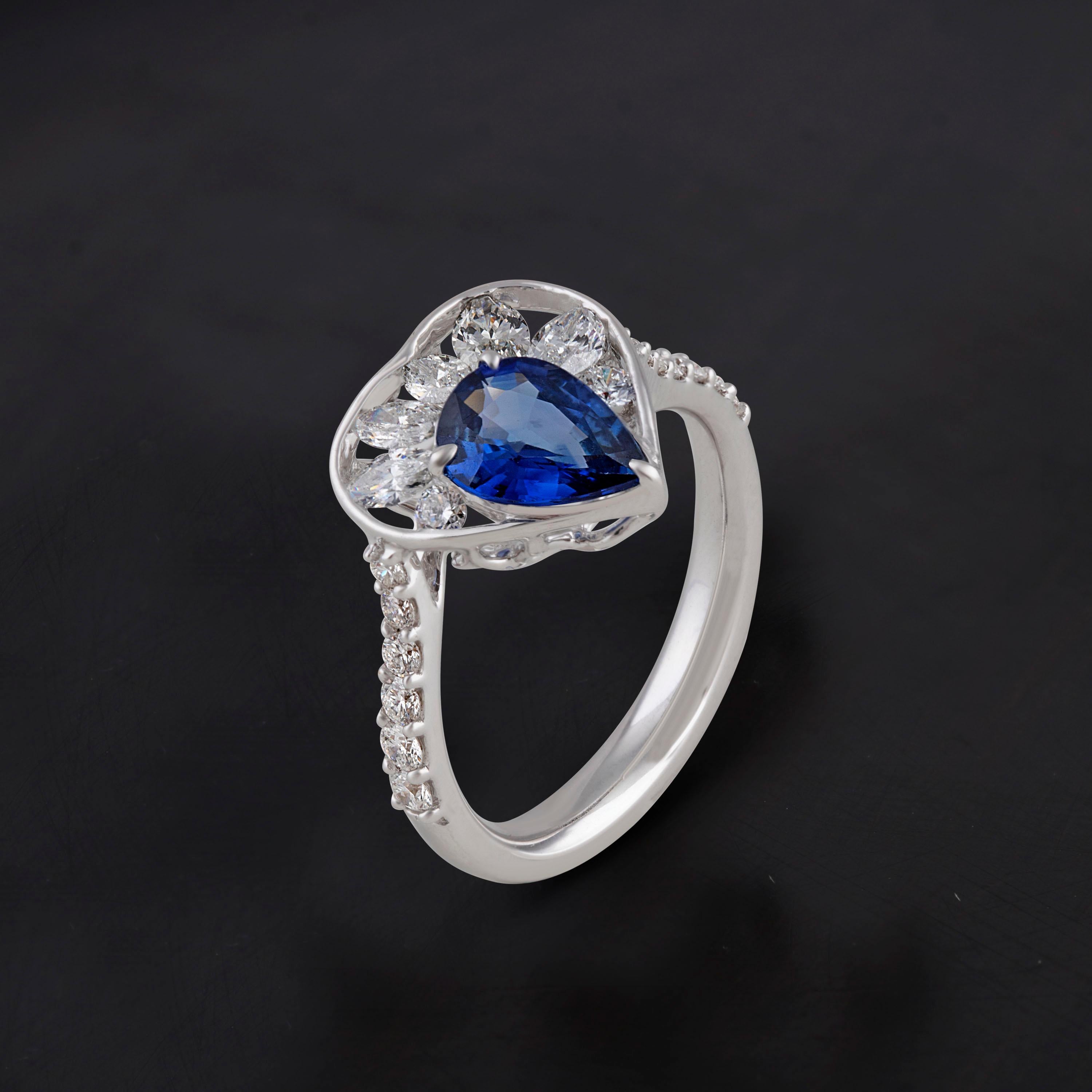Women's Studio Rêves Diamond and Blue Sapphire Love Ring in 18 Karat White Gold For Sale