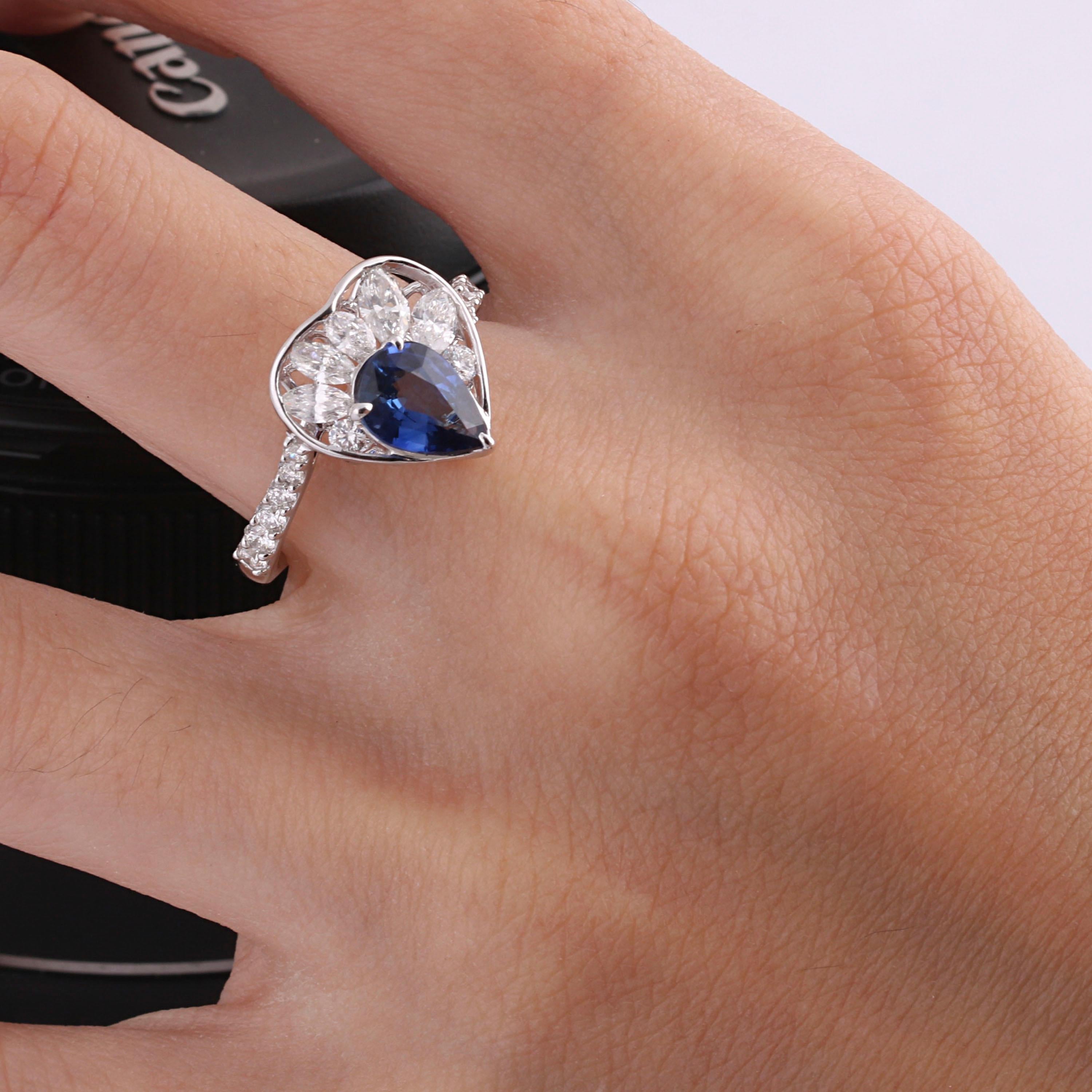 Gross Weight: 4.73 Grams
Diamond Weight: 0.88 cts
Blue Sapphire Weight: 1.13 cts
Ring Size: US 6.5 (Resizing Can be Done)
IGI Certified

Video of the product can be shared upon request.

The clever placement of an exquisite pear shaped blue sapphire