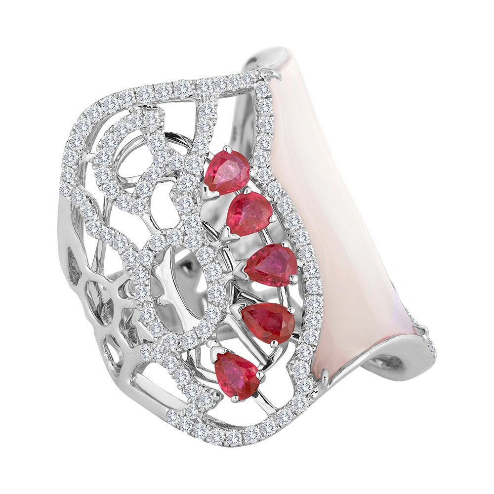 Modern Mother of Pearl Ruby Diamond Gold Ring