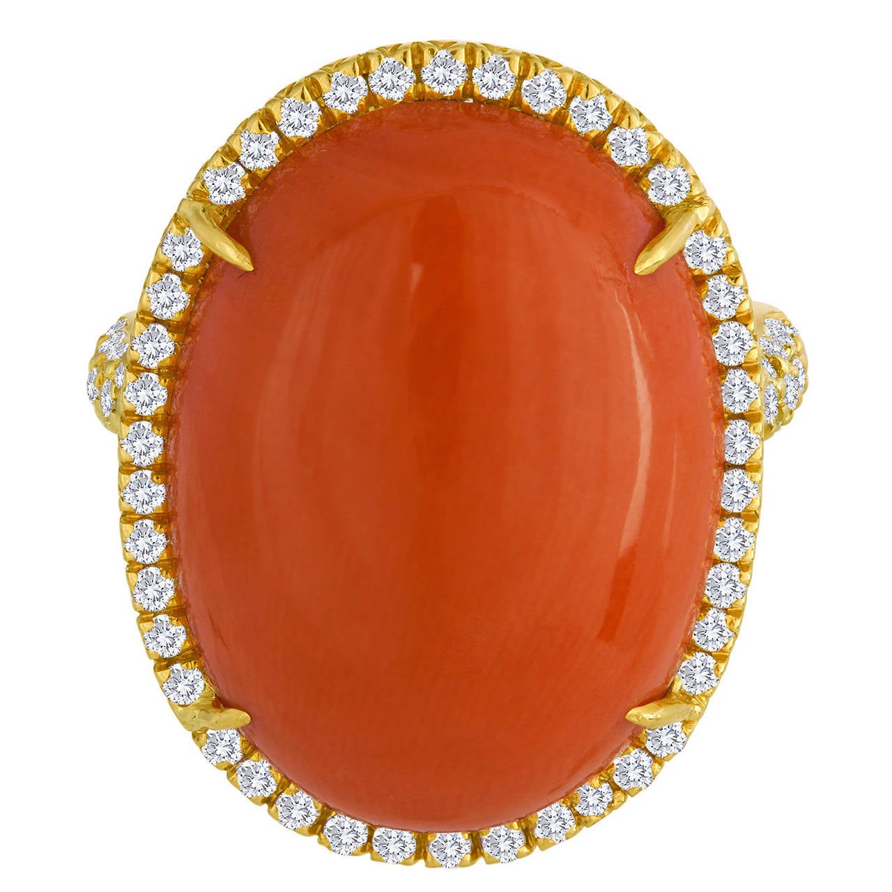 Cabochon Coral Diamond Gold Ring For Sale