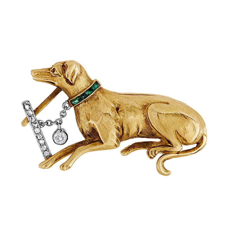 Edwardian Emerald Diamond Gold Dog Brooch For Sale