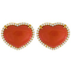 Heart Shaped Coral Diamond Gold Earrings