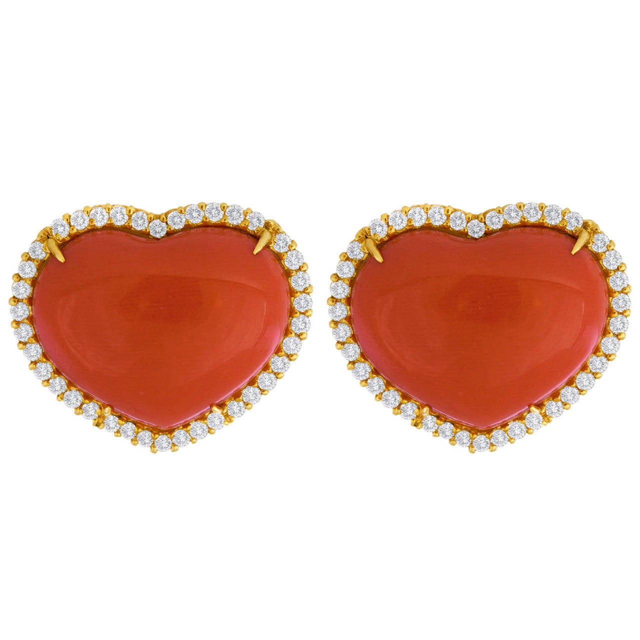 Heart Shaped Coral Diamond Gold Earrings For Sale at 1stDibs