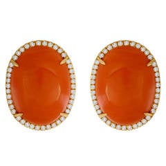 Cabochon Coral  Diamond Gold Earrings