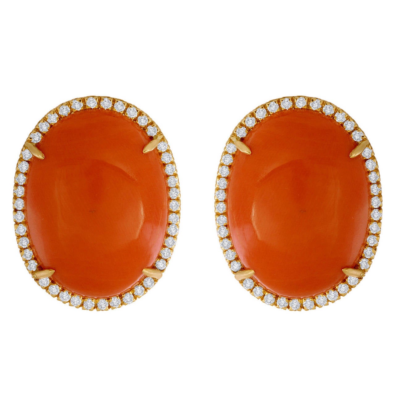 Cabochon Coral  Diamond Gold Earrings For Sale