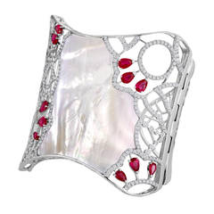 Mother of Pearl Ruby Diamond Gold Bangle