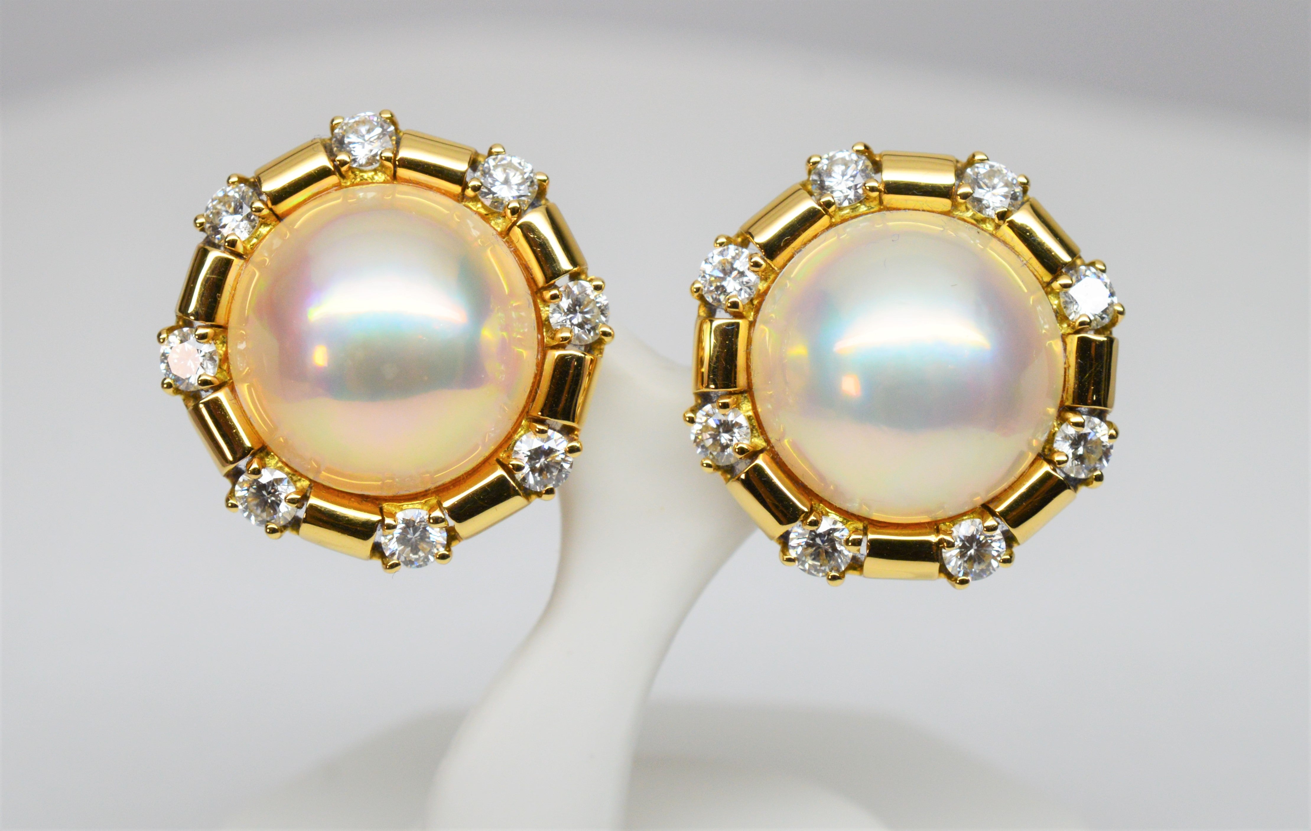 Offered at a very special price: From the exclusive Charles Turi Collection, these eighteen karat 18K yellow gold, diamond and mabe pearl earrings create a truly distinctive and elegant look. Round in shape, each measuring approximately 20mm with