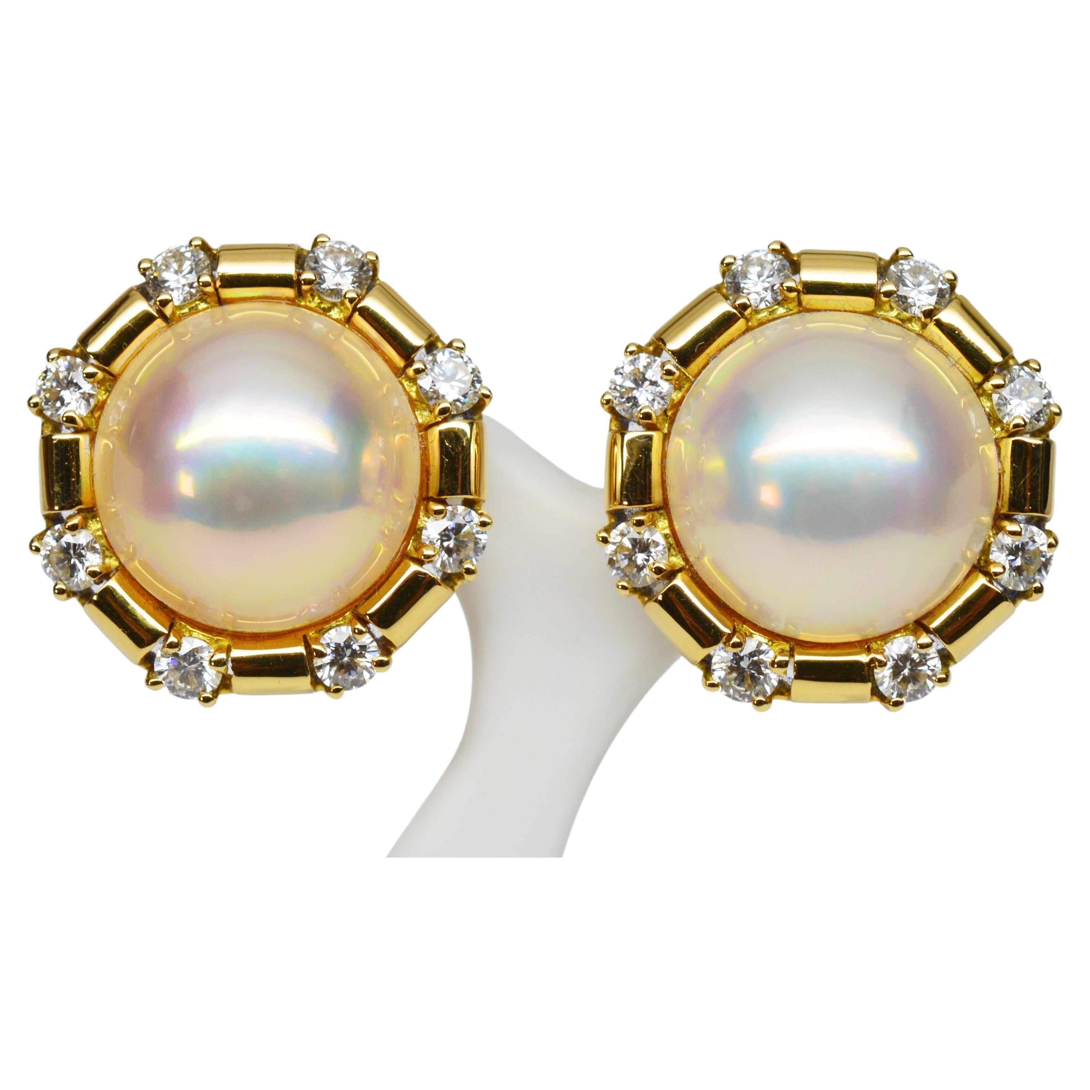 Charles Turi Mabe Pearl w Diamond 18 Karat Yellow Gold Earrings