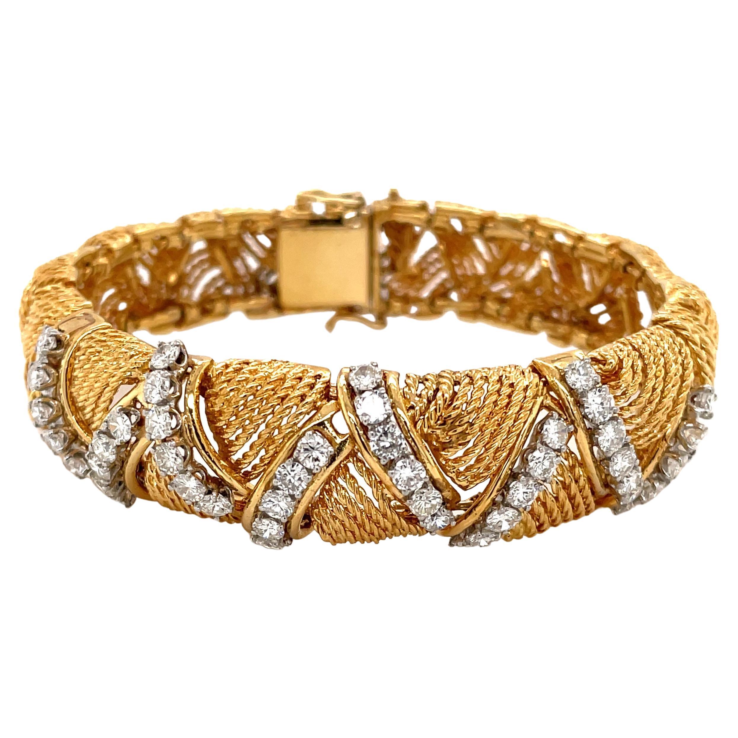 Bracelet rétro tissé en or jaune 18 carats avec diamants en forme de corde, années 1950  