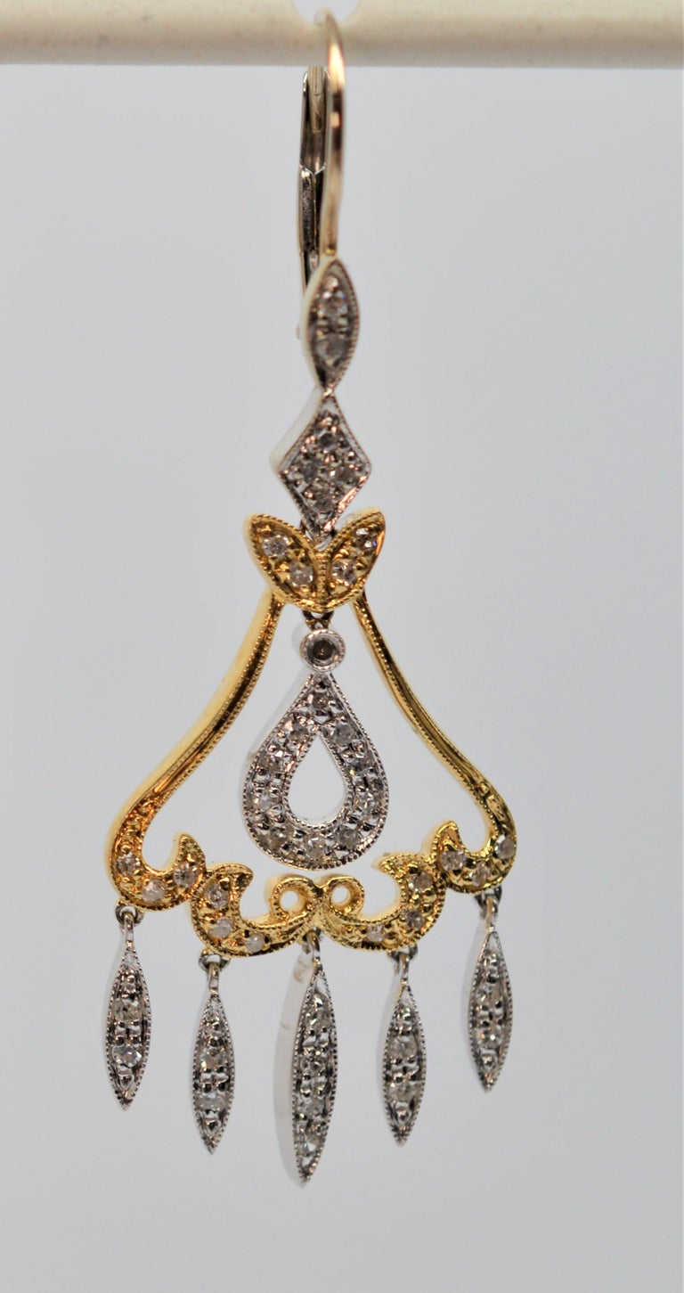 Antique Style 14k White And Yellow Gold Diamond Chandelier Earrings Bright White Diamonds Light Up This Antique Style Pair Of 14k Yellow Gold