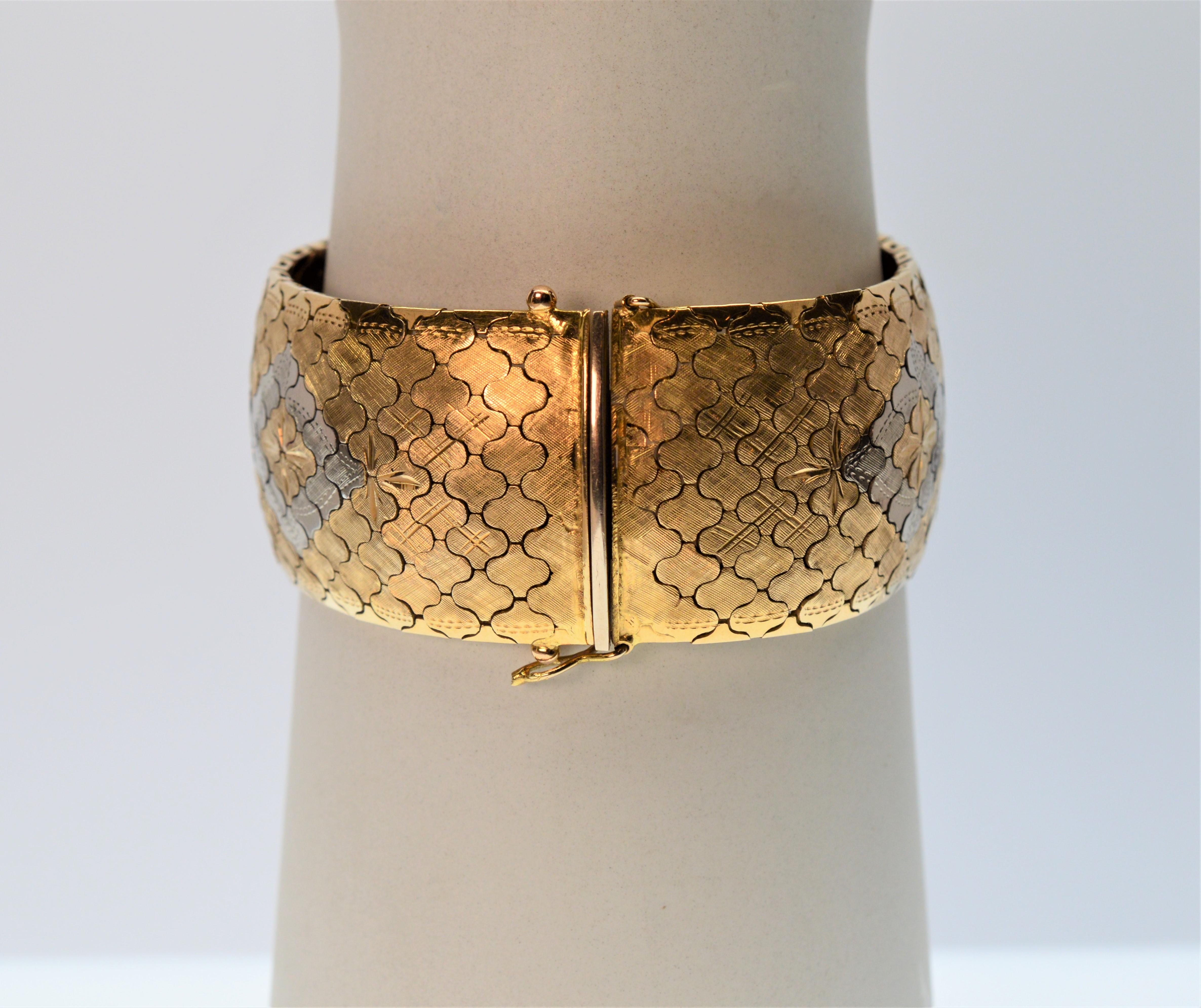 Bracelet italien à maillons extensibles géométriques en or jaune et rose en vente 2
