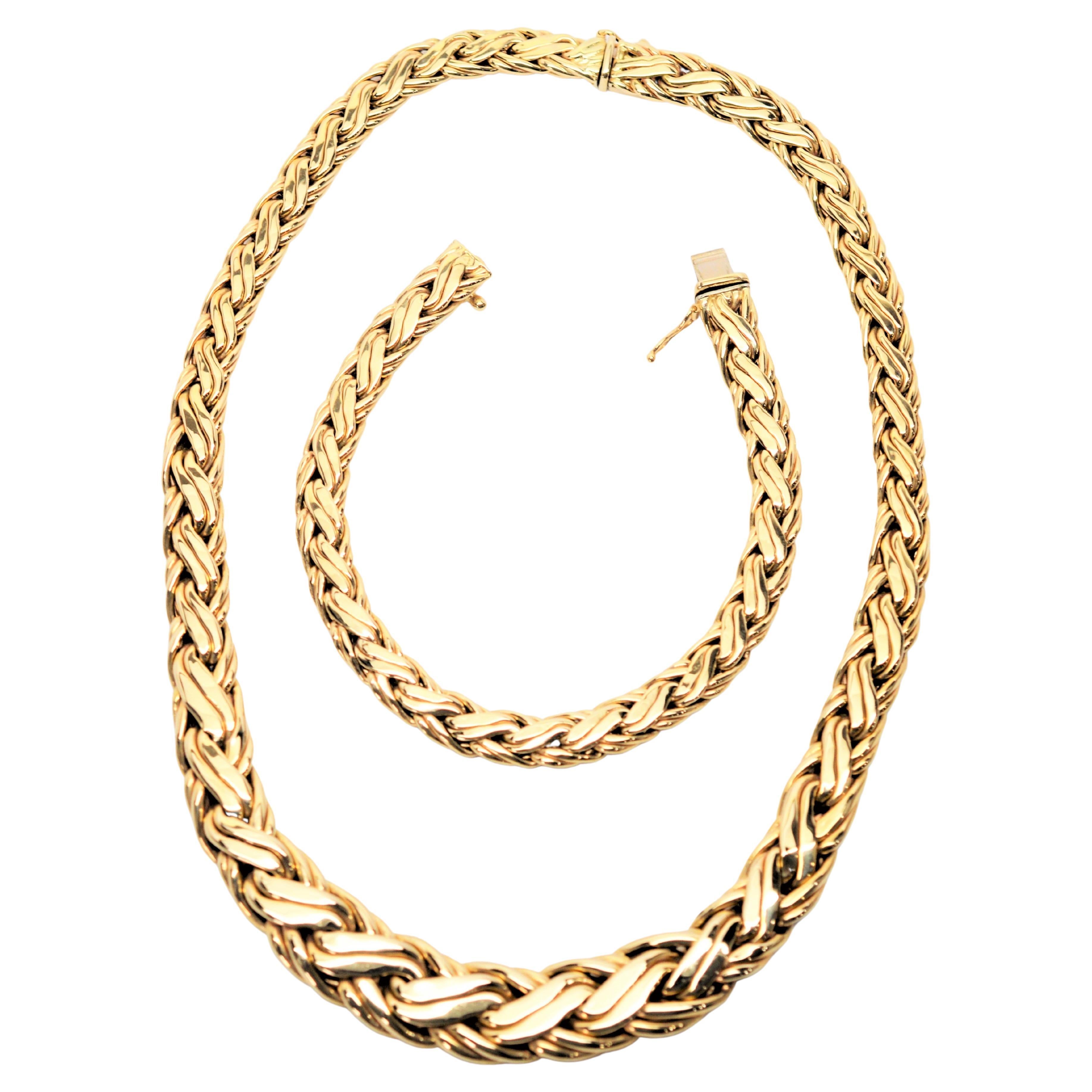 Zelman & Friedman Woven Wheat Braided 14 Karat Yellow Gold Necklace Bracelet Set