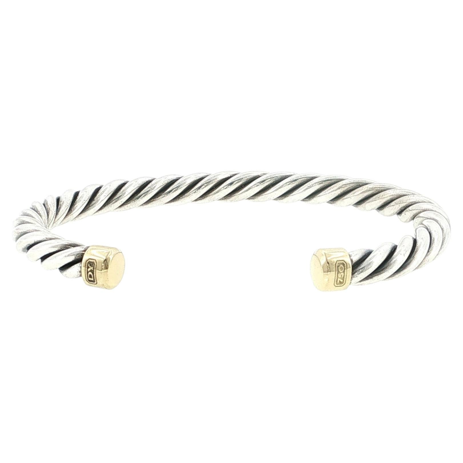 Pre-owned David Yurman 925 Sterling Silver & 18k Gold Cable Cuff Bracelet Size 7.5" In Multiple