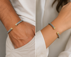 DAVID YURMAN 925 Sterling Silver & 18K Gold Cable Cuff Bracelet Size 7.5"