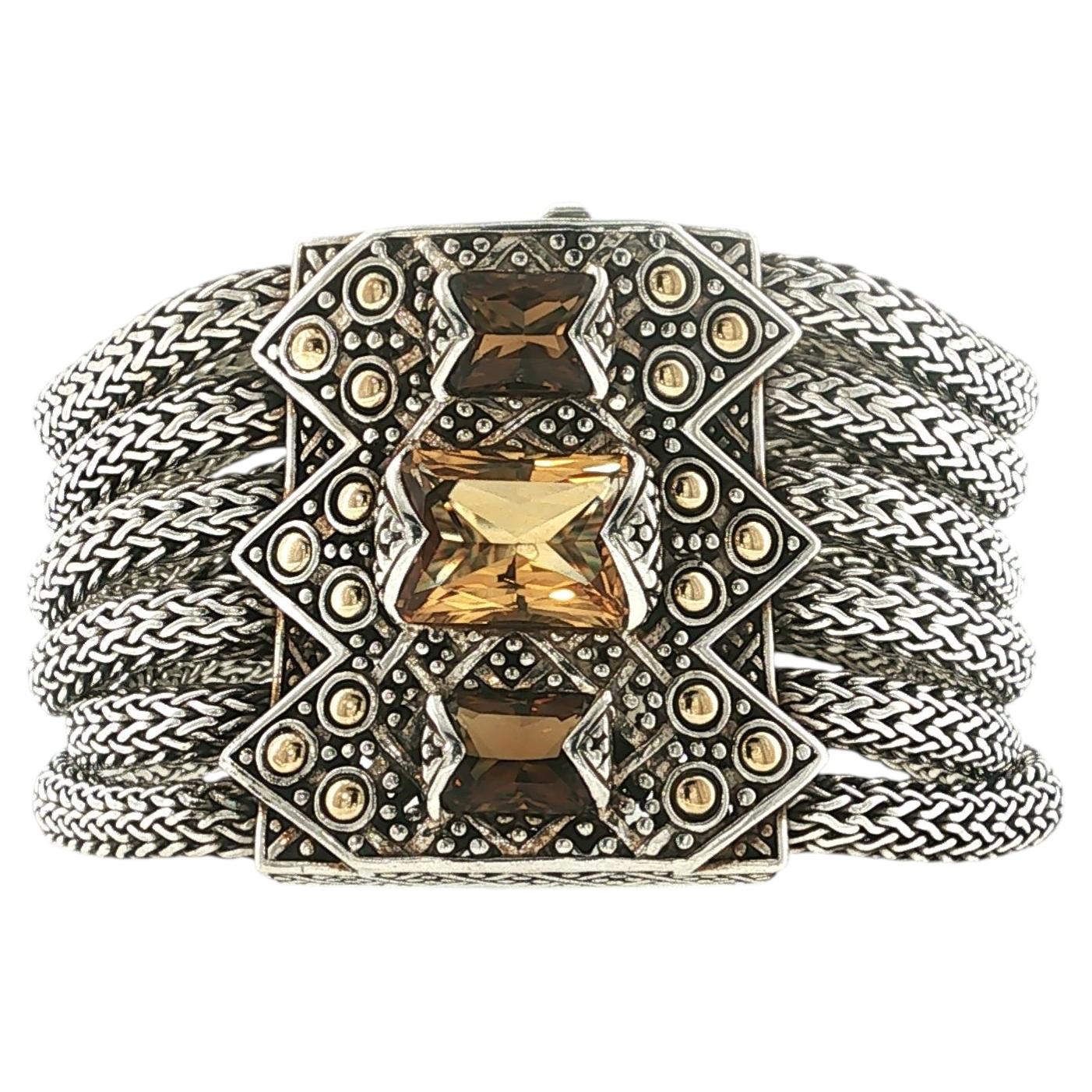 Pre-owned John Hardy 925 Silver & 18k Multi Strand Brown And Yellow Citrine Bracelet 6.5"