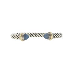 David Yurman 925 Silver & 14k Gold Blue Chalcedony Cable Bangle Bracelet S 6.5"