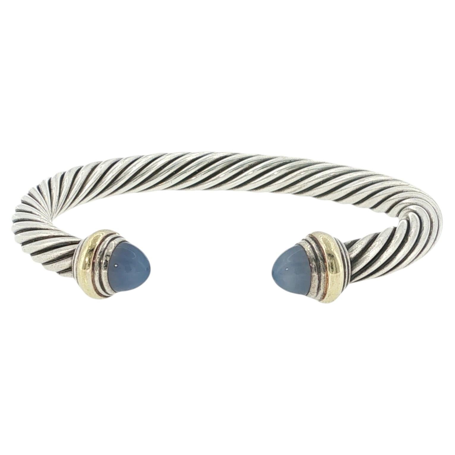 David Yurman 925 Silver & 14k Gold Blue Chalcedony Cable Bangle Bracelet S 6.5" For Sale