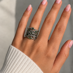 DAVID YURMAN 925 Silver Confetti Peridot & Green Tourmaline Diamond Cable Ring