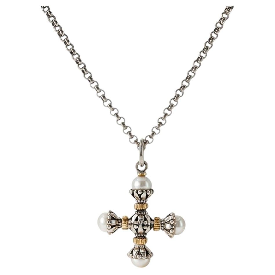 Pre-owned Konstantino 925 Silver & 18k Gold Cultured Pearl Clas Cross Pendant Necklace In Multiple