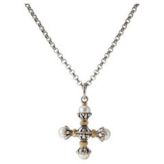 KONSTANTINO 925 Silver & 18K Gold Cultured Pearl Clas Cross Pendant Necklace