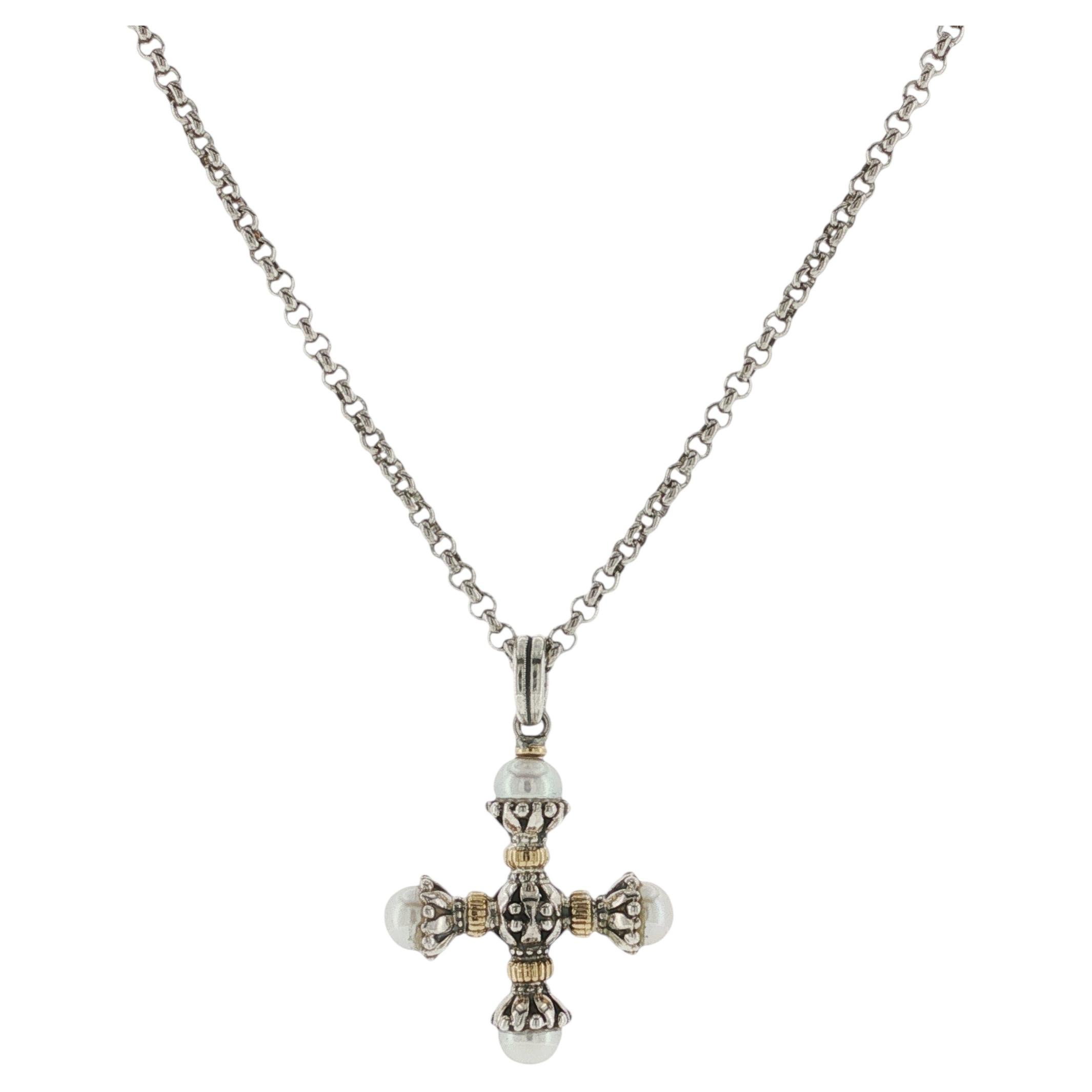 Pre-owned Konstantino 925 Silver & 18k Gold Clas Cultured Pearl Cross Pendant Necklace 18" In Multiple