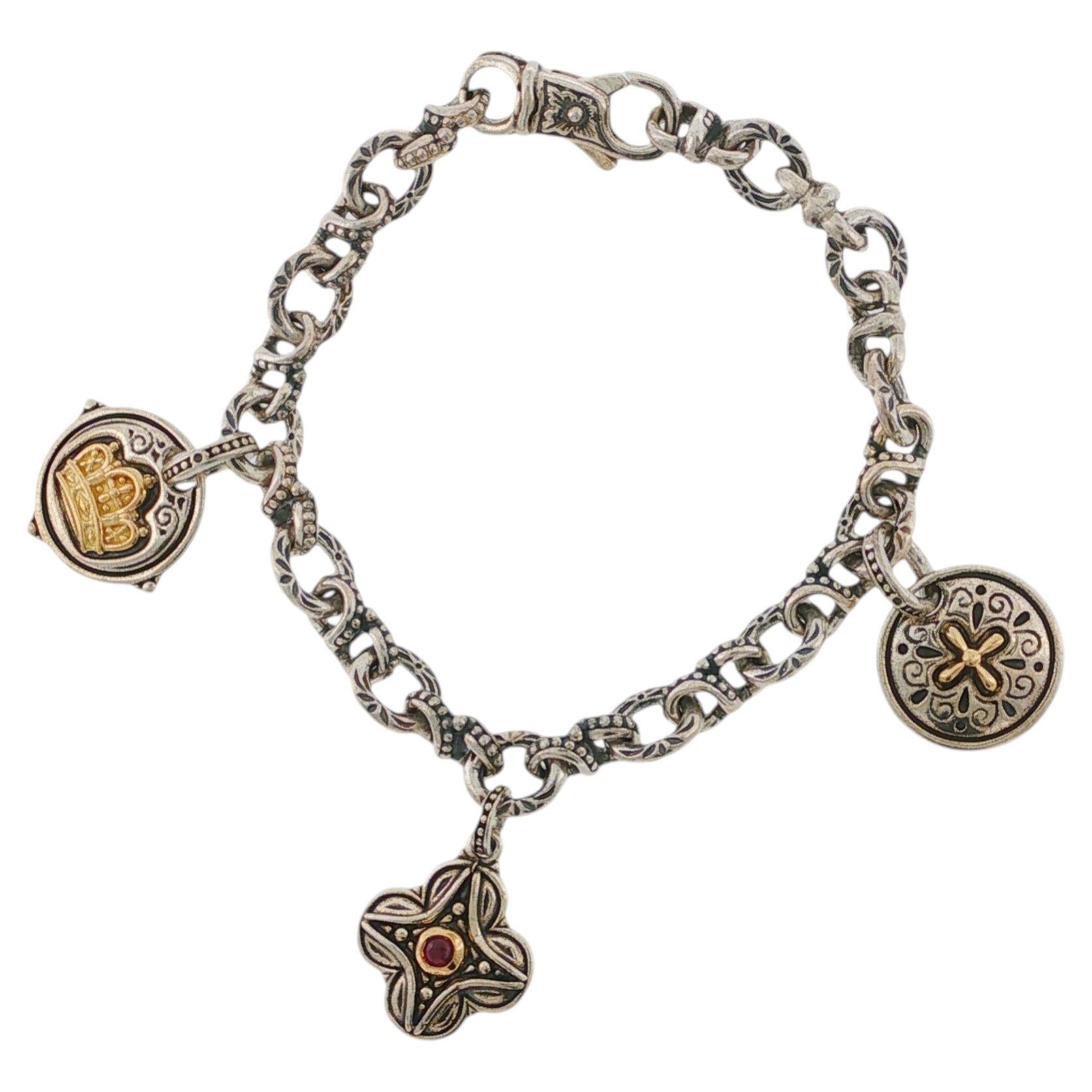 Pre-owned Konstantino 925 Sterling Silver & 18k Gold Corundum Link Charm Bracelet Size 7" In Multiple