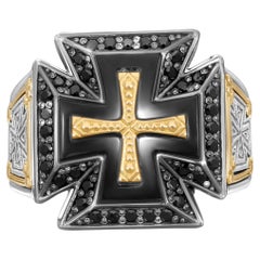 Anello KONSTANTINO con croce di Ares in argento sterling 925 e oro 18 carati con diamante nero, misura 10