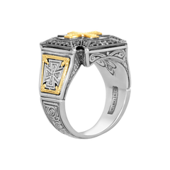 Anello KONSTANTINO con croce di Ares in argento sterling 925 e oro 18 carati con diamante nero, misura 10