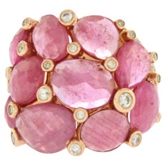 Anello con zaffiro rosa e diamanti taglio rosa da 13,80 carati in oro rosa 14k