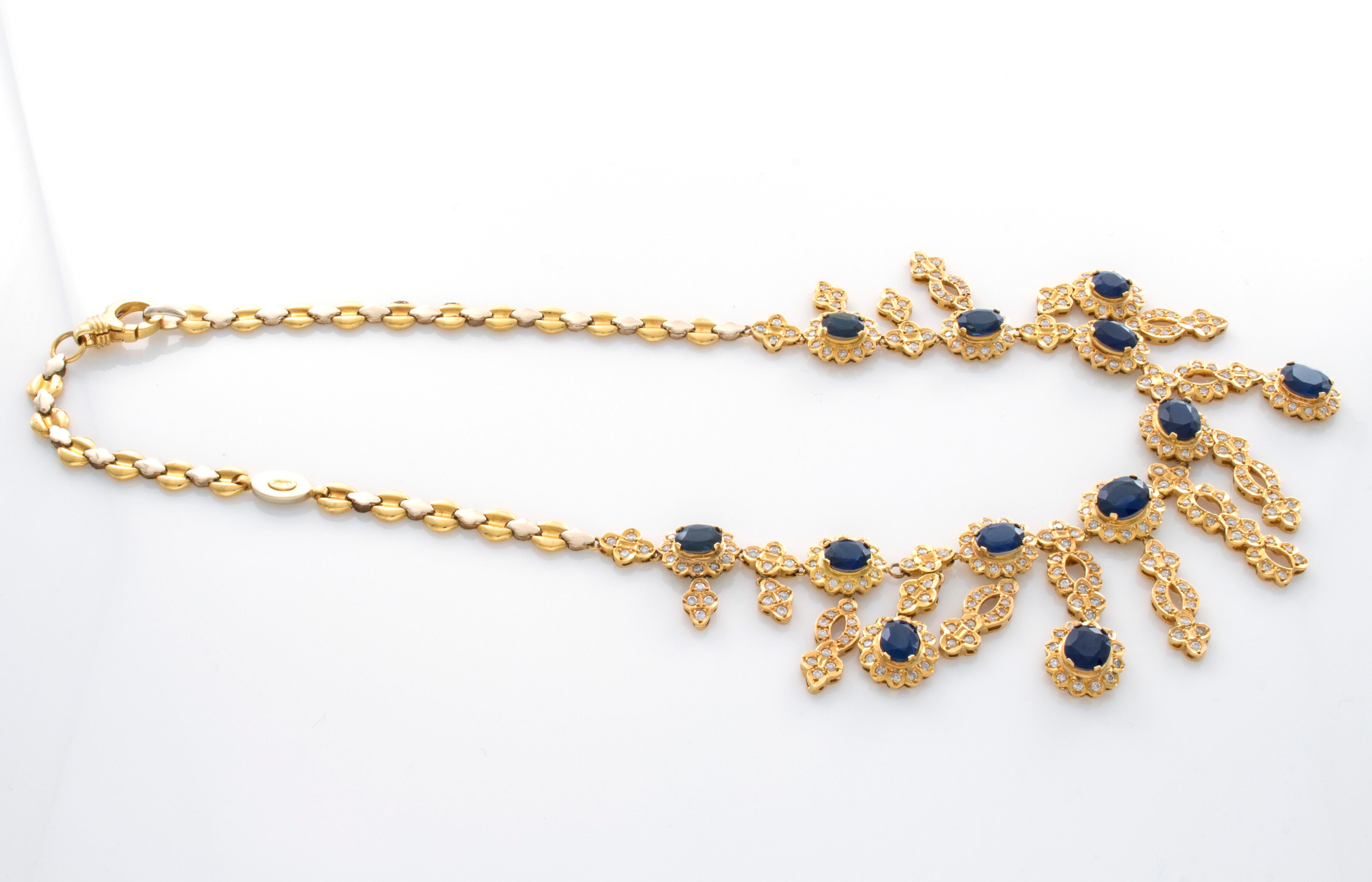 Women's 18 Karat Yellow and White Gold 30.48 Carat Sapphire and Diamond Necklace For Sale