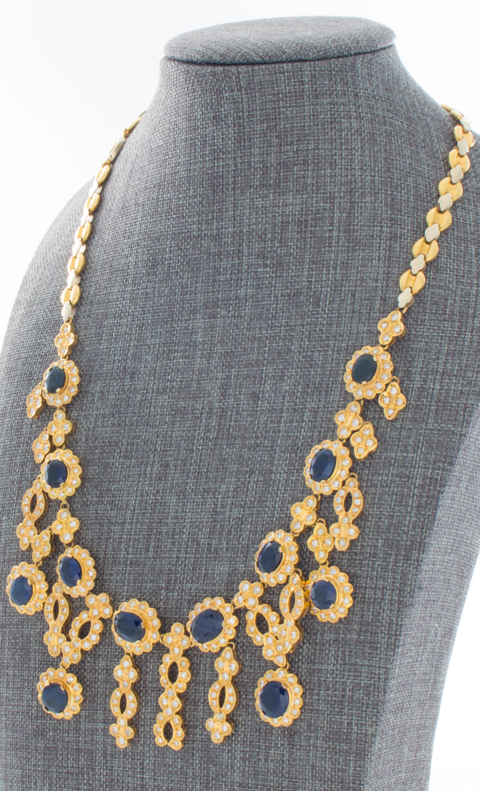 Modern 18 Karat Yellow and White Gold 30.48 Carat Sapphire and Diamond Necklace For Sale