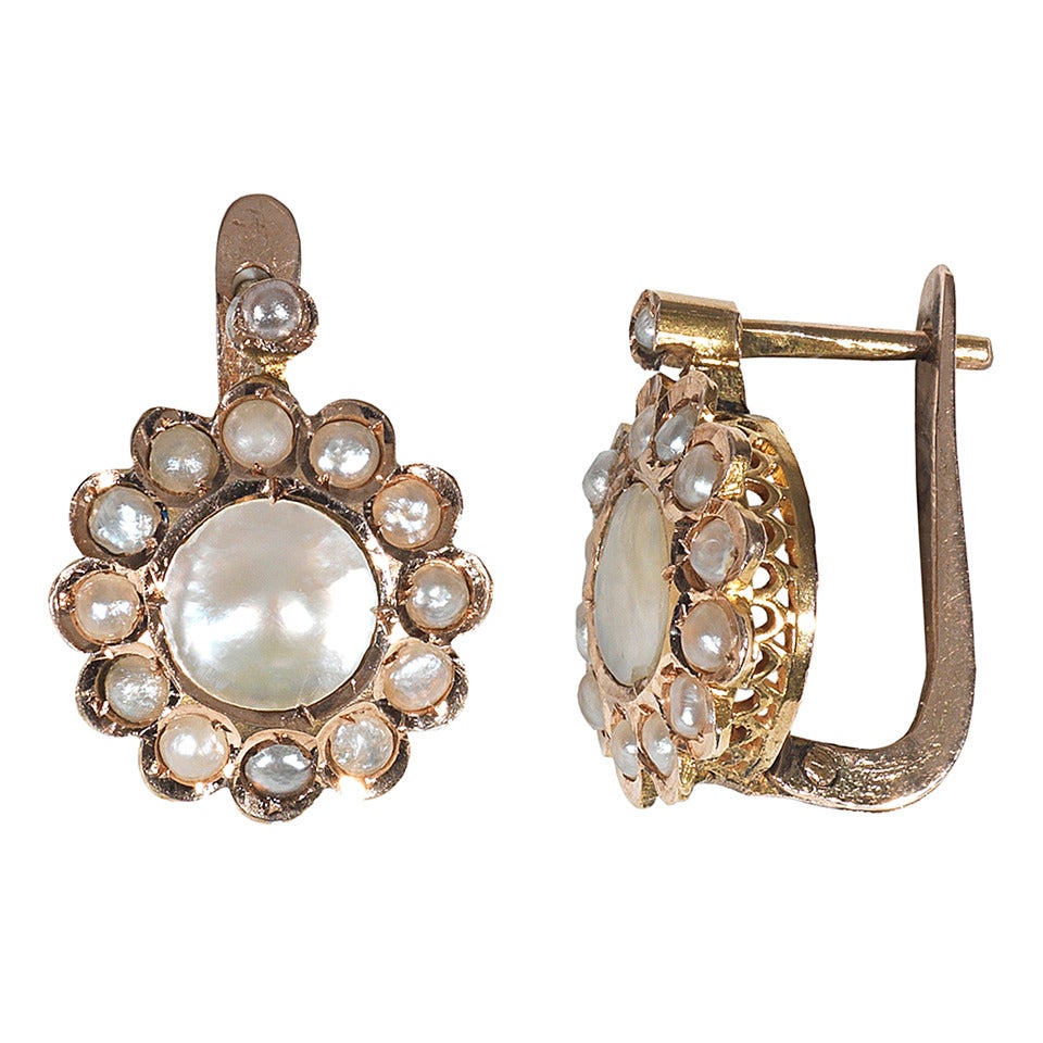 Pair of Antique Mother-of-Pearl and Pearl Cluster Earrings For Sale