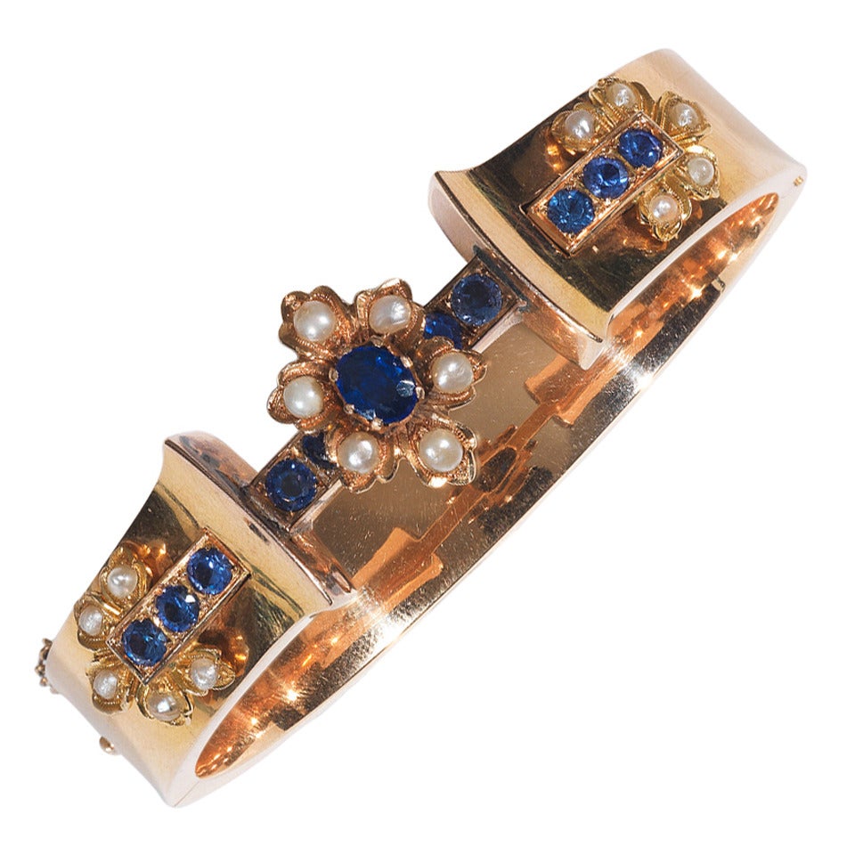 Pearl Sapphire Gold Flower Bangle Bracelet