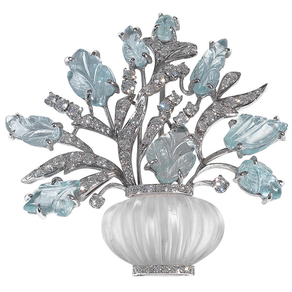 Rock Crystal Aquamarine Diamond Gold Giardinetto Brooch