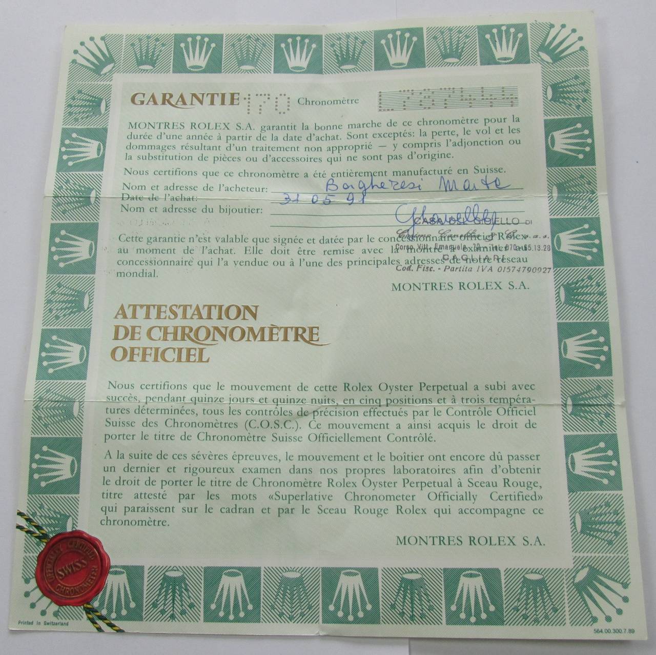 Rolex Lady's Gold and Diamond Set Automatic Wristwatch Ref 69138 1991 1